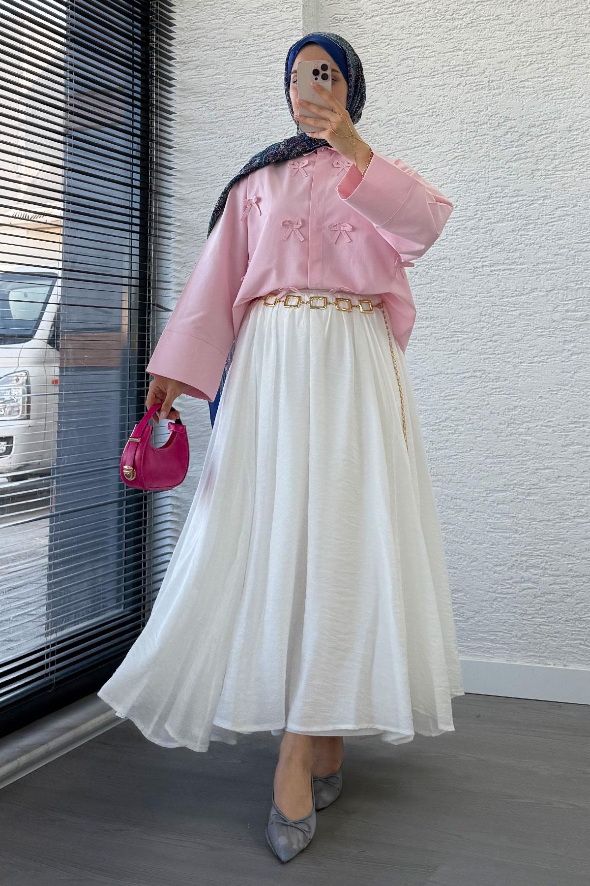 Kurdele Detaylı Kısa Poplin Gömlek - Pembe
