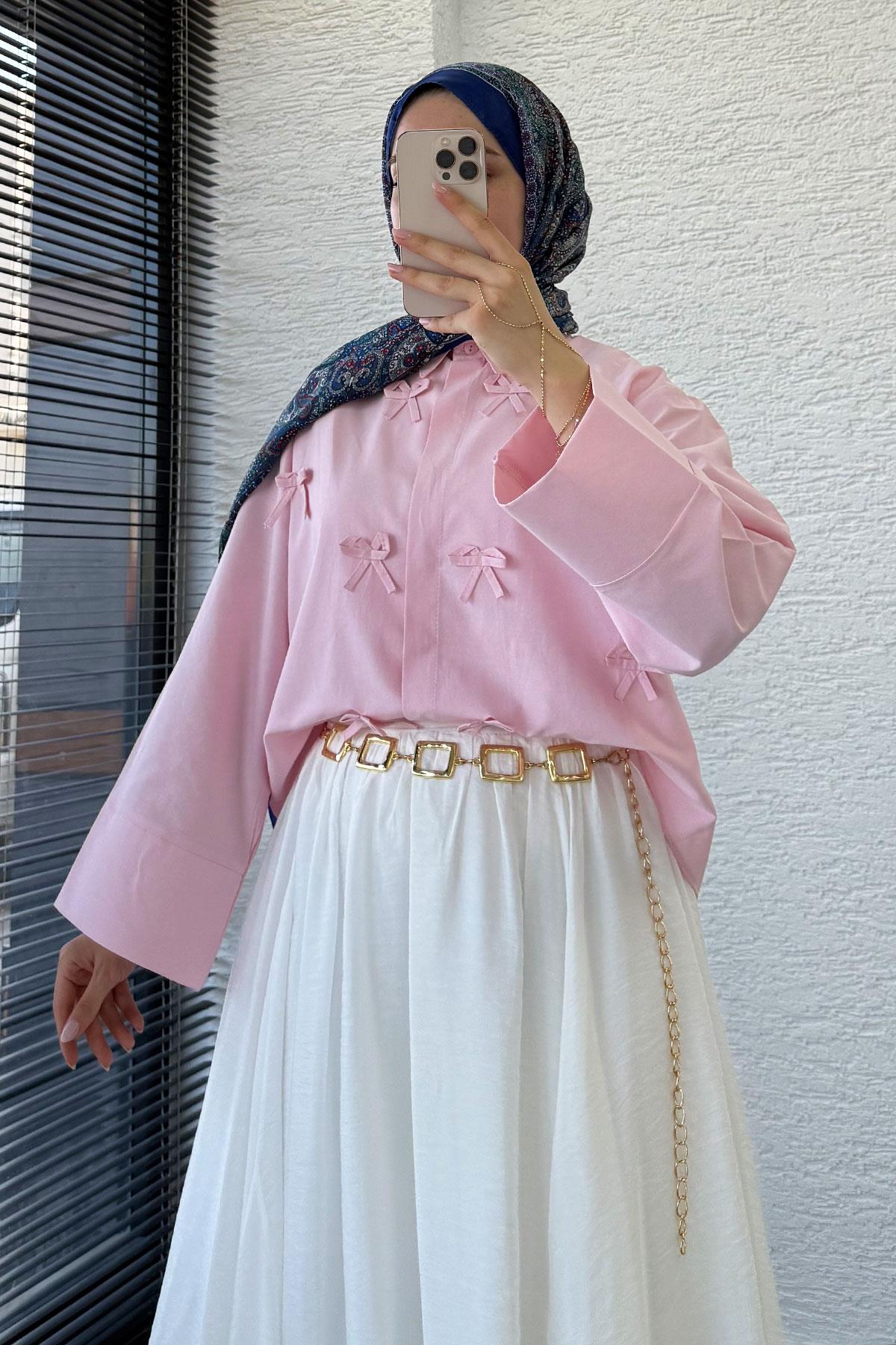 Kurdele Detaylı Kısa Poplin Gömlek - Pembe