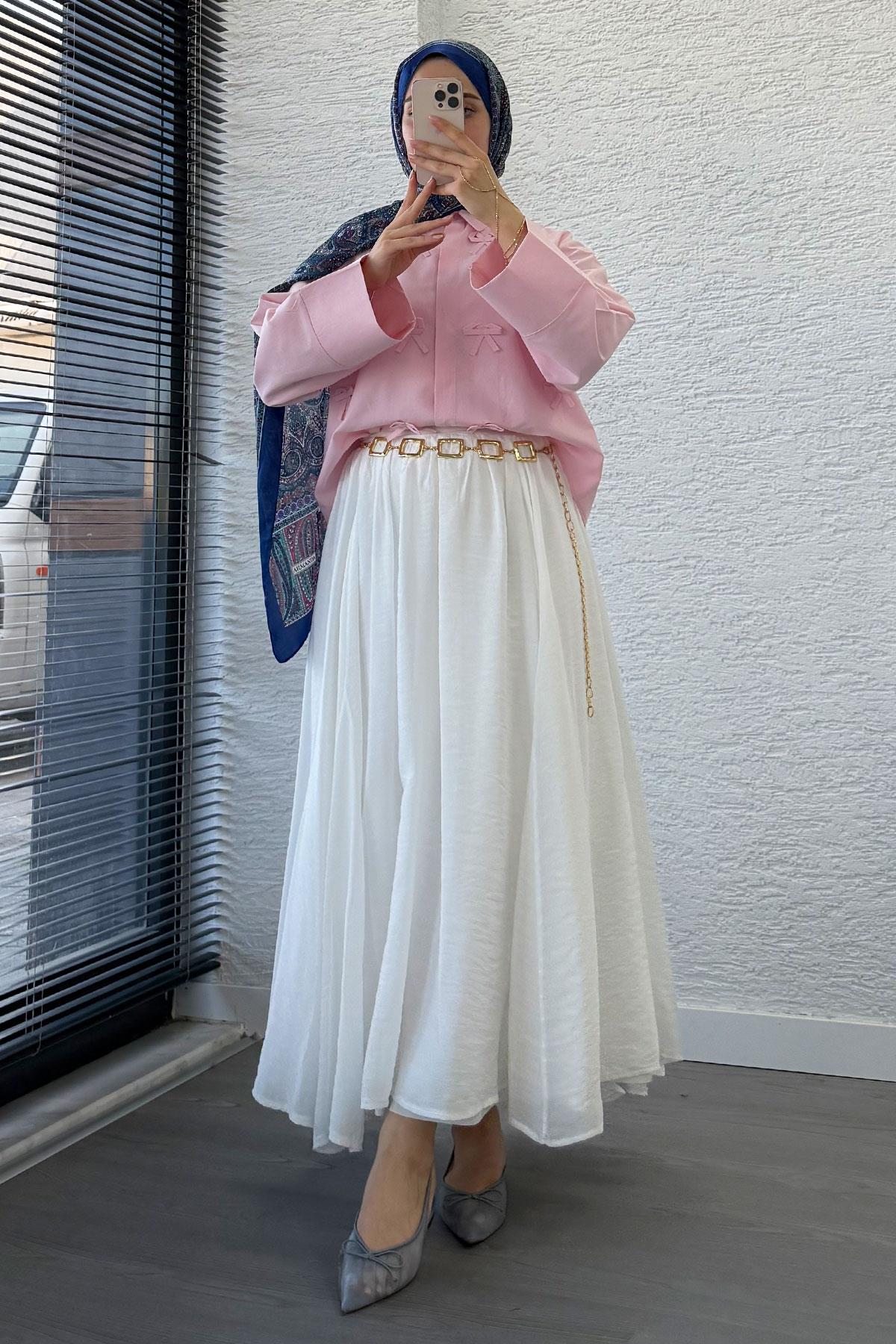 Kurdele Detaylı Kısa Poplin Gömlek - Pembe