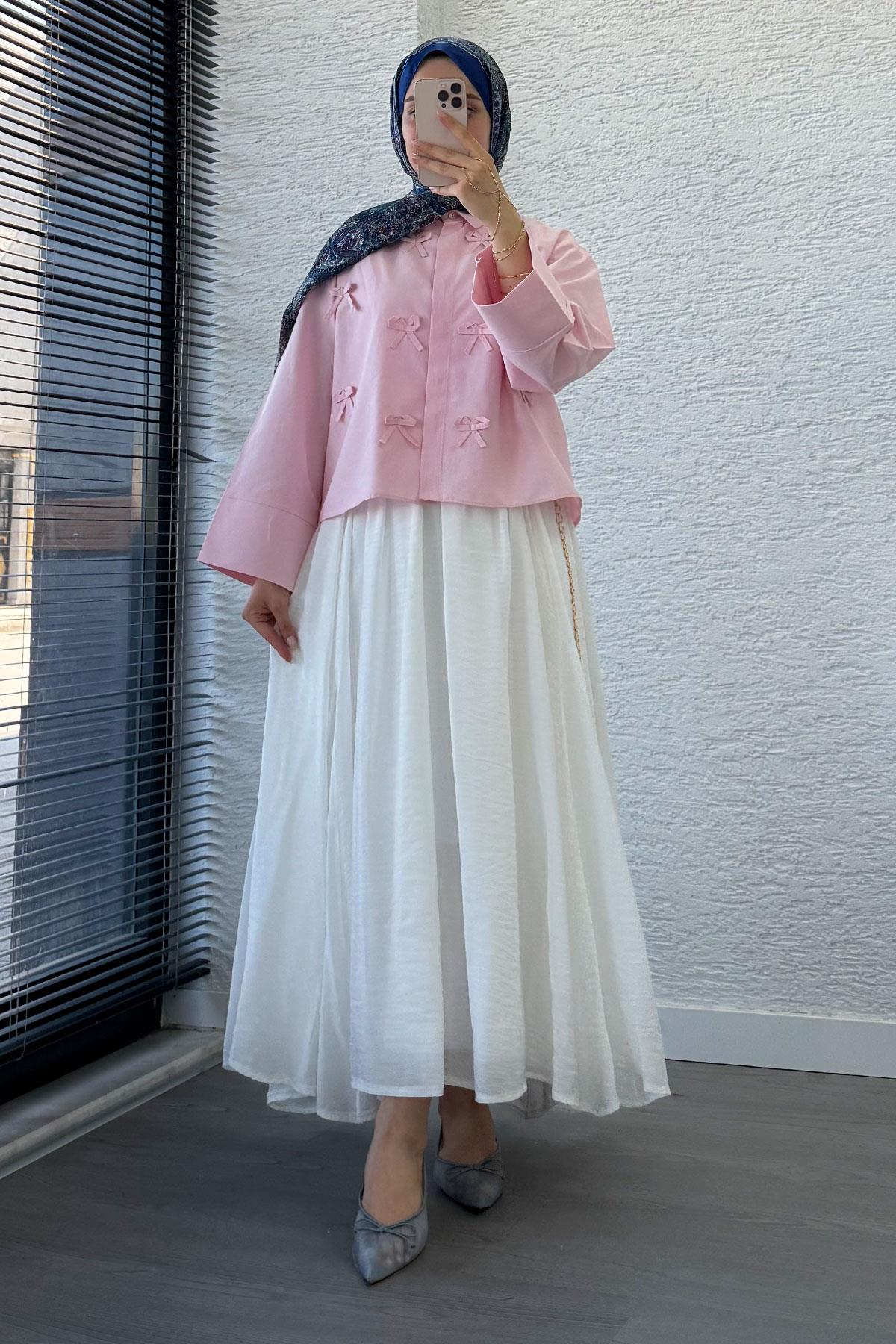 Kurdele Detaylı Kısa Poplin Gömlek - Pembe