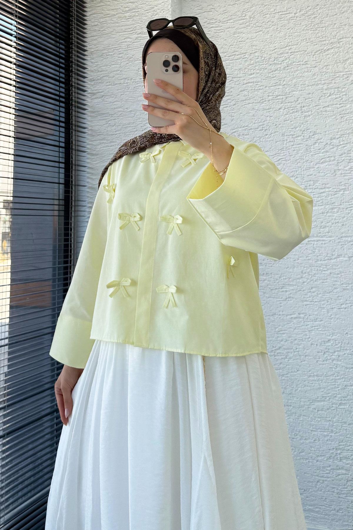 Kurdele Detaylı Kısa Poplin Gömlek -Sarı
