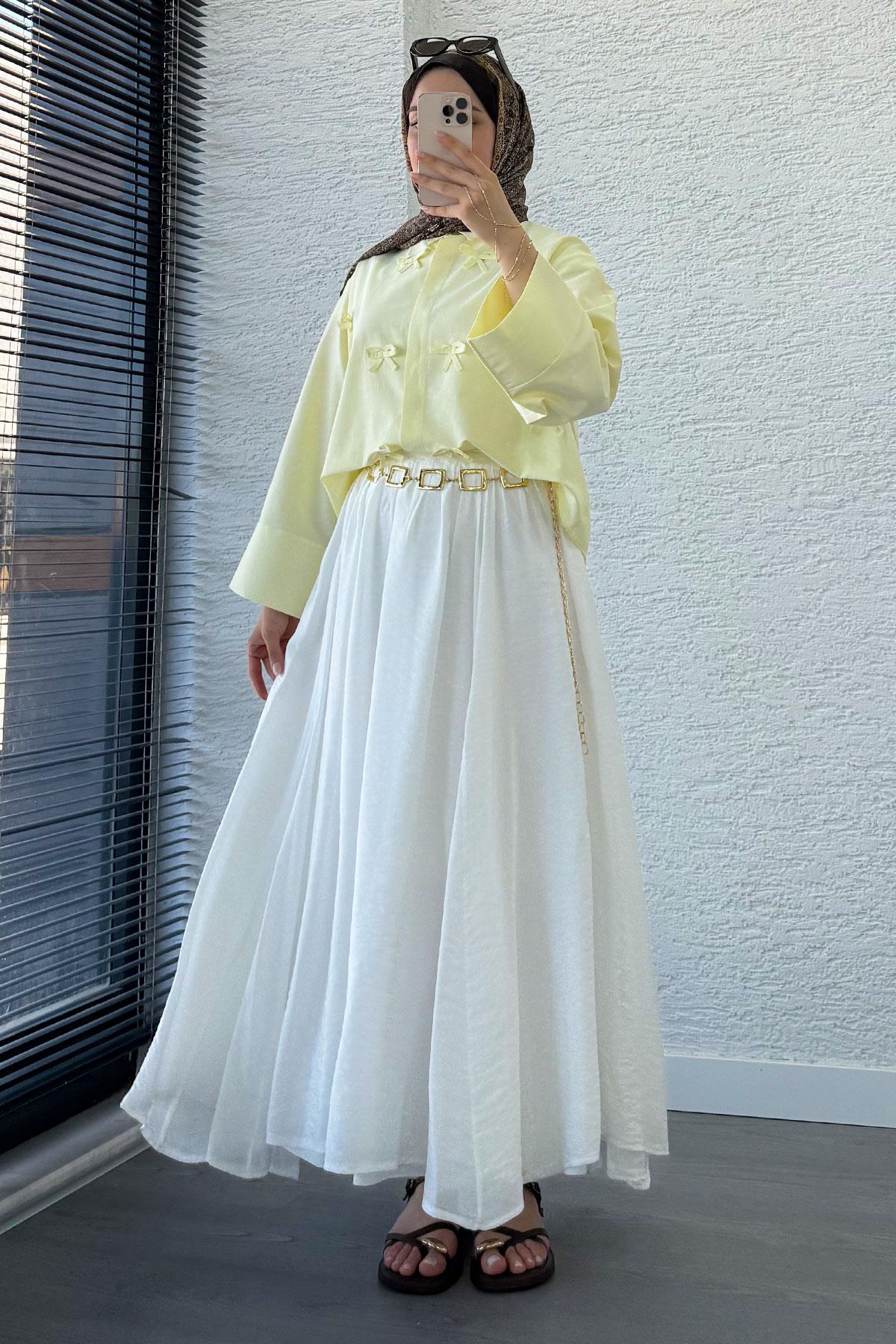 Kurdele Detaylı Kısa Poplin Gömlek -Sarı