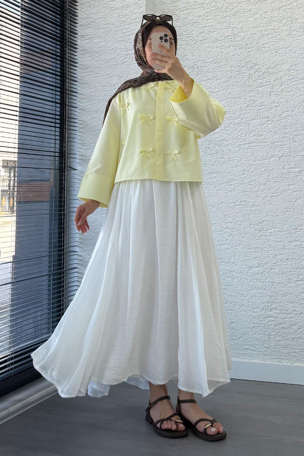Kurdele Detaylı Kısa Poplin Gömlek -Sarı