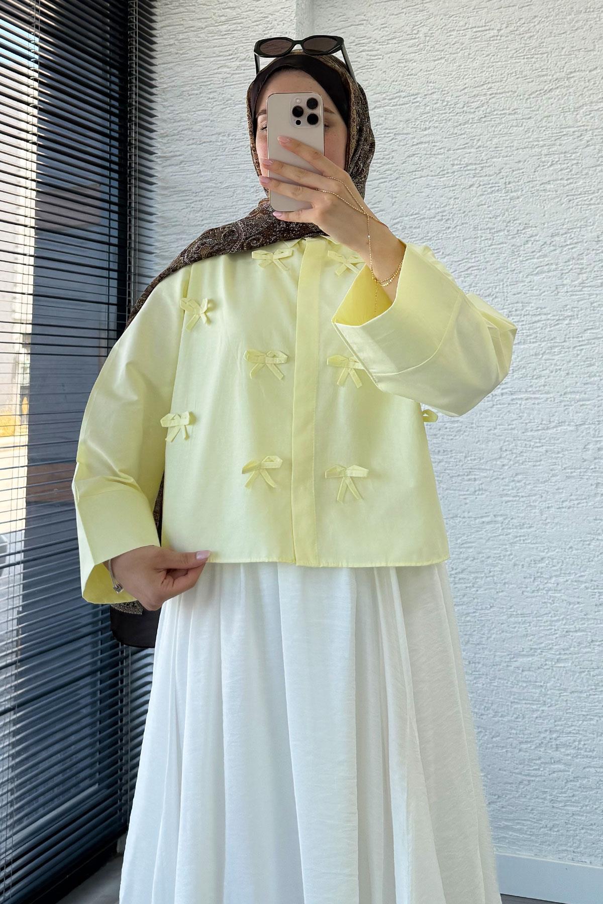 Kurdele Detaylı Kısa Poplin Gömlek -Sarı