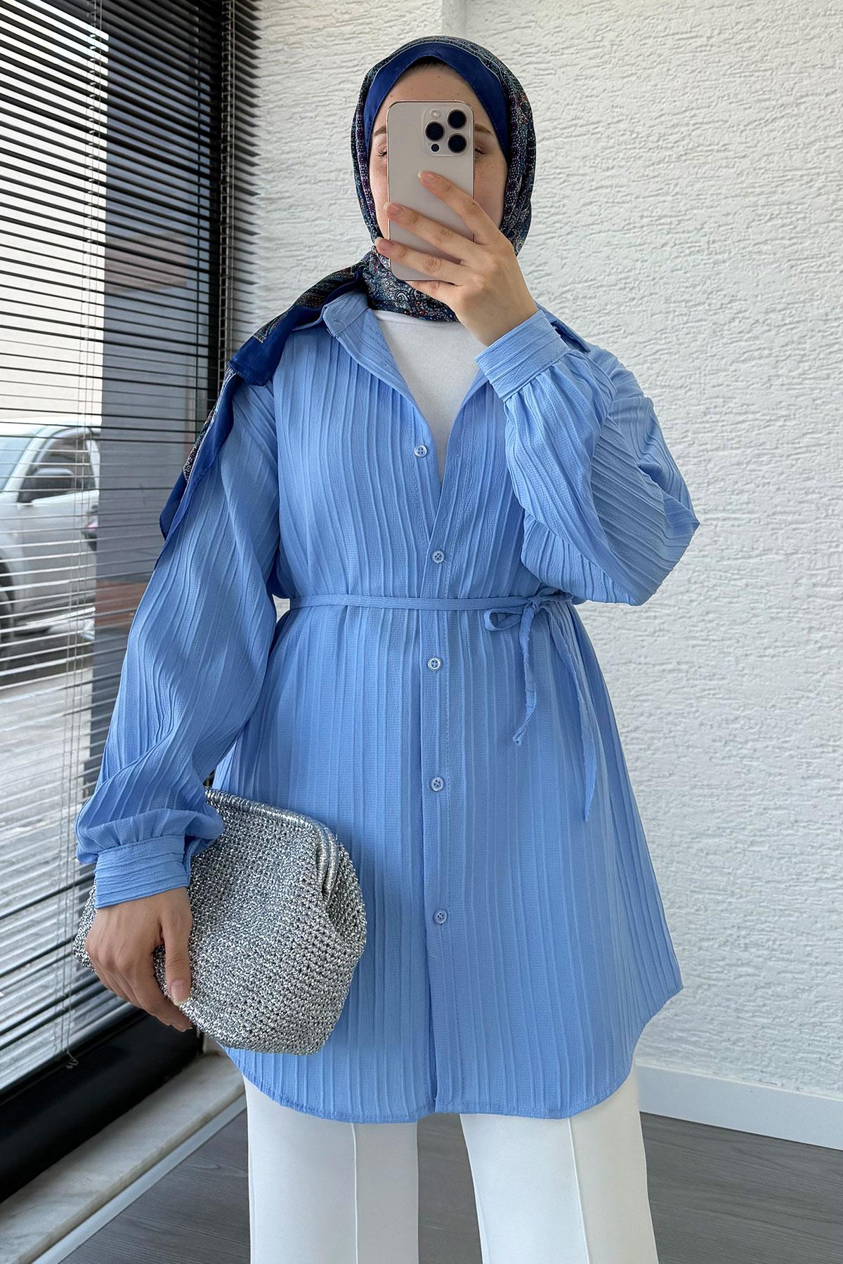 Kuşak Detaylı Oversize Yazlık Gömlek - Mavi