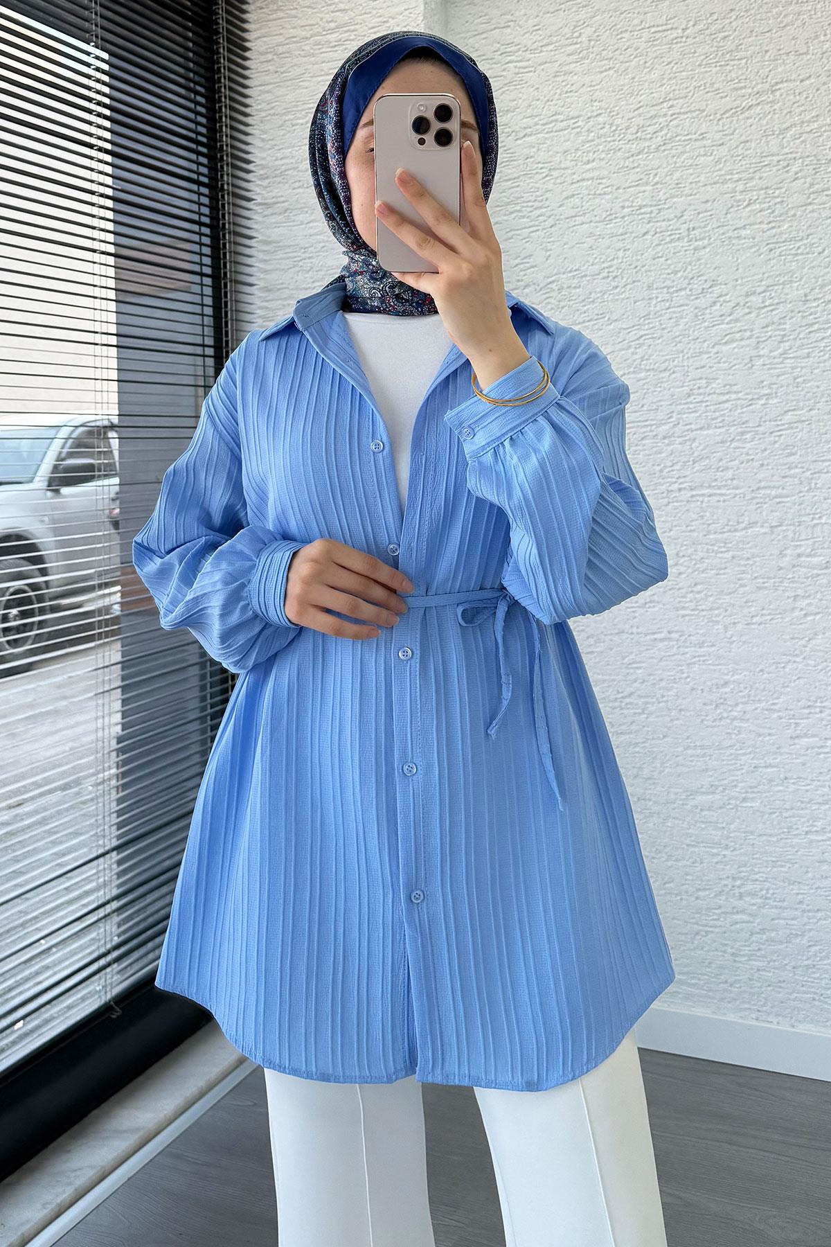 Kuşak Detaylı Oversize Yazlık Gömlek - Mavi