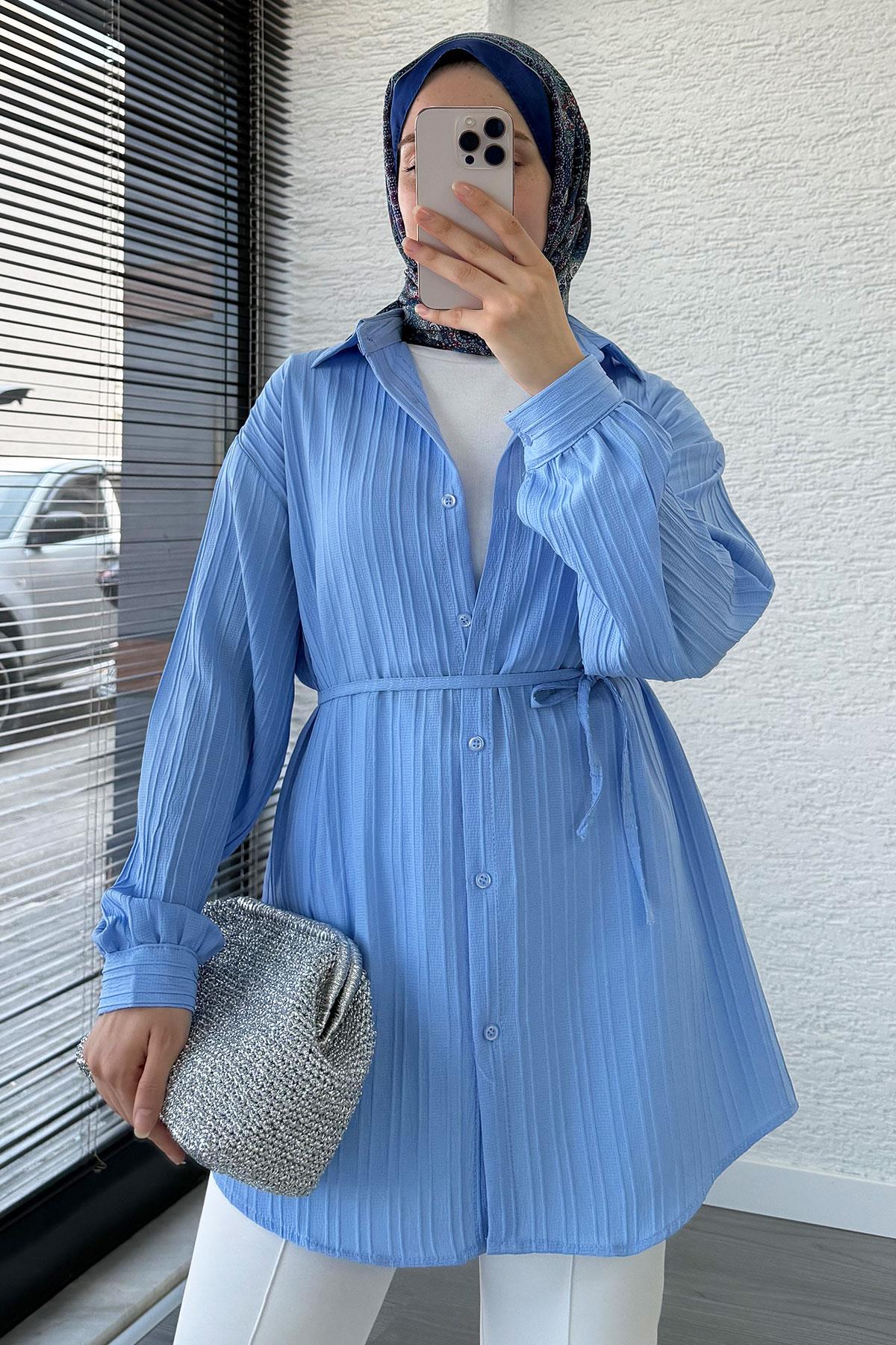 Kuşak Detaylı Oversize Yazlık Gömlek - Mavi