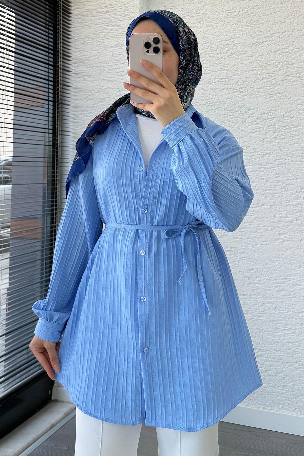 Kuşak Detaylı Oversize Yazlık Gömlek - Mavi