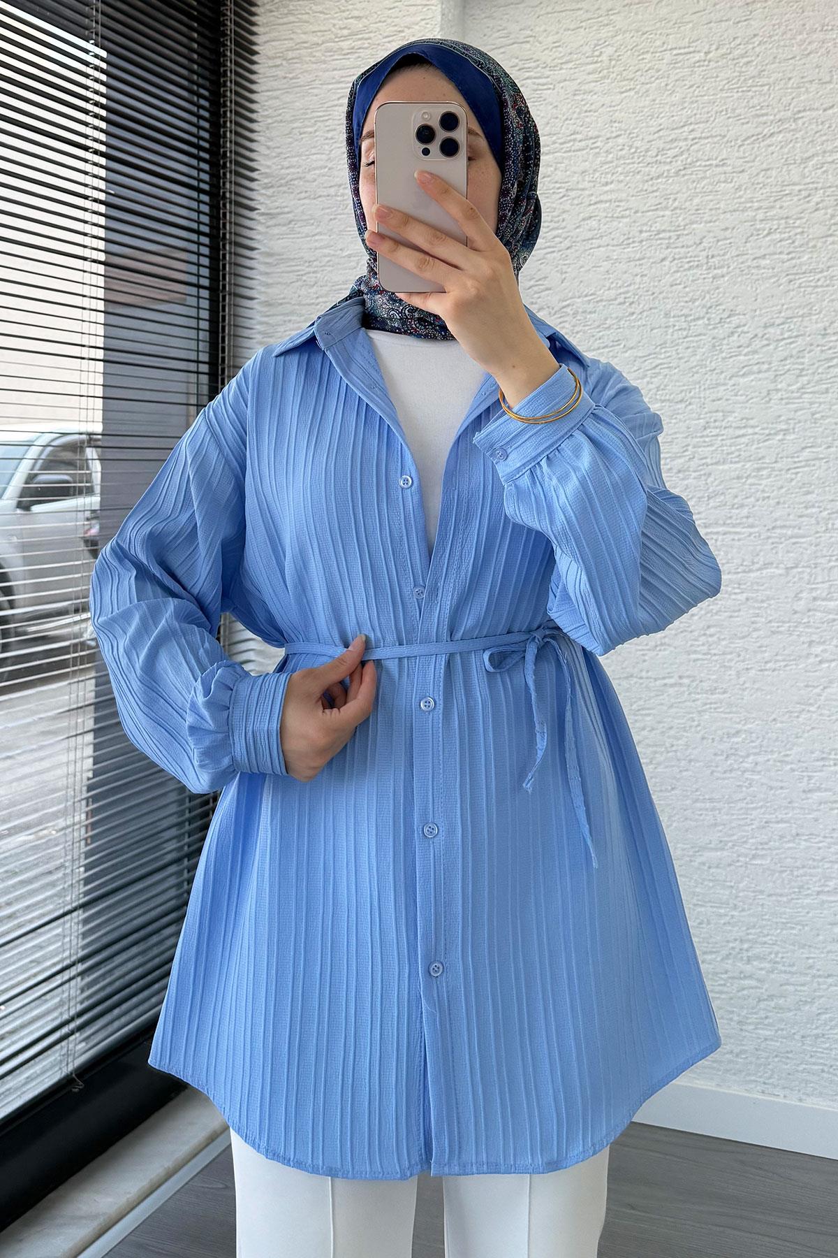 Kuşak Detaylı Oversize Yazlık Gömlek - Mavi