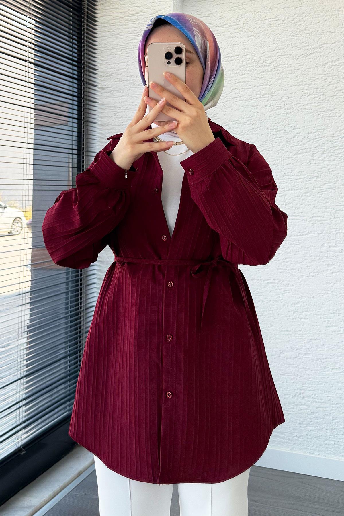 Kuşak Detaylı Oversize Yazlık Tunik - Bordo