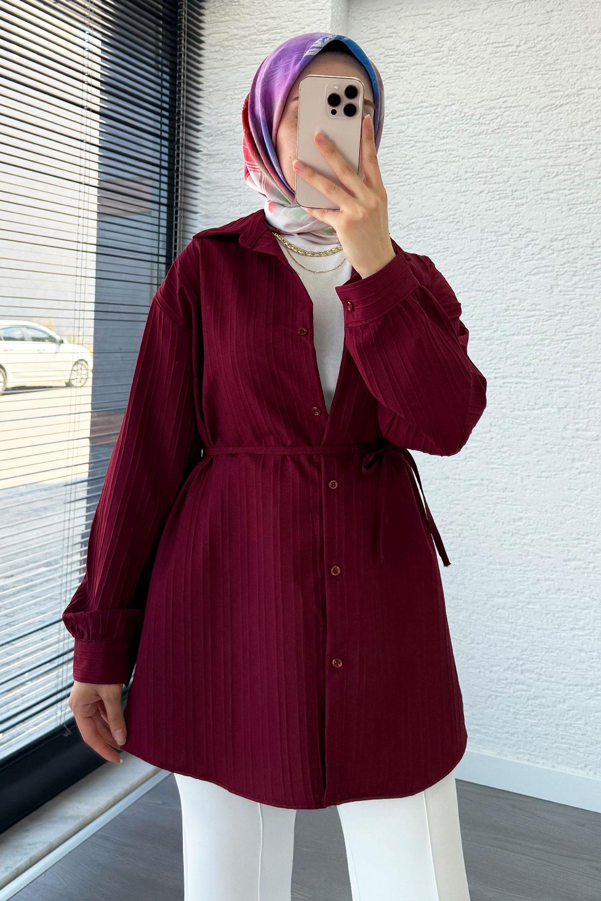 Kuşak Detaylı Oversize Yazlık Tunik - Bordo