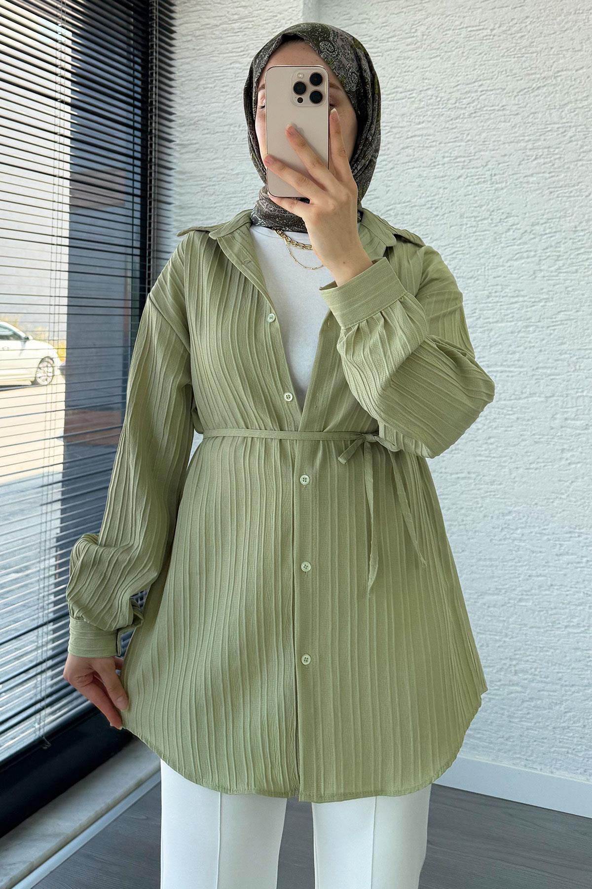 Kuşak Detaylı Oversize Yazlık Tunik - Küf Yeşili
