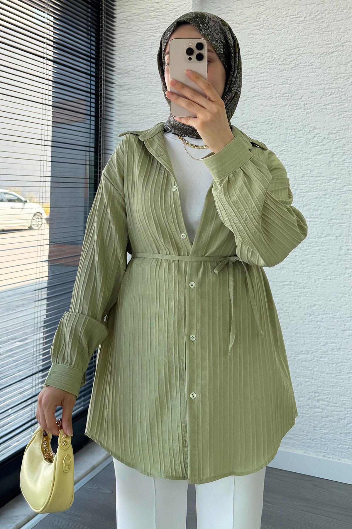 Kuşak Detaylı Oversize Yazlık Tunik - Küf Yeşili