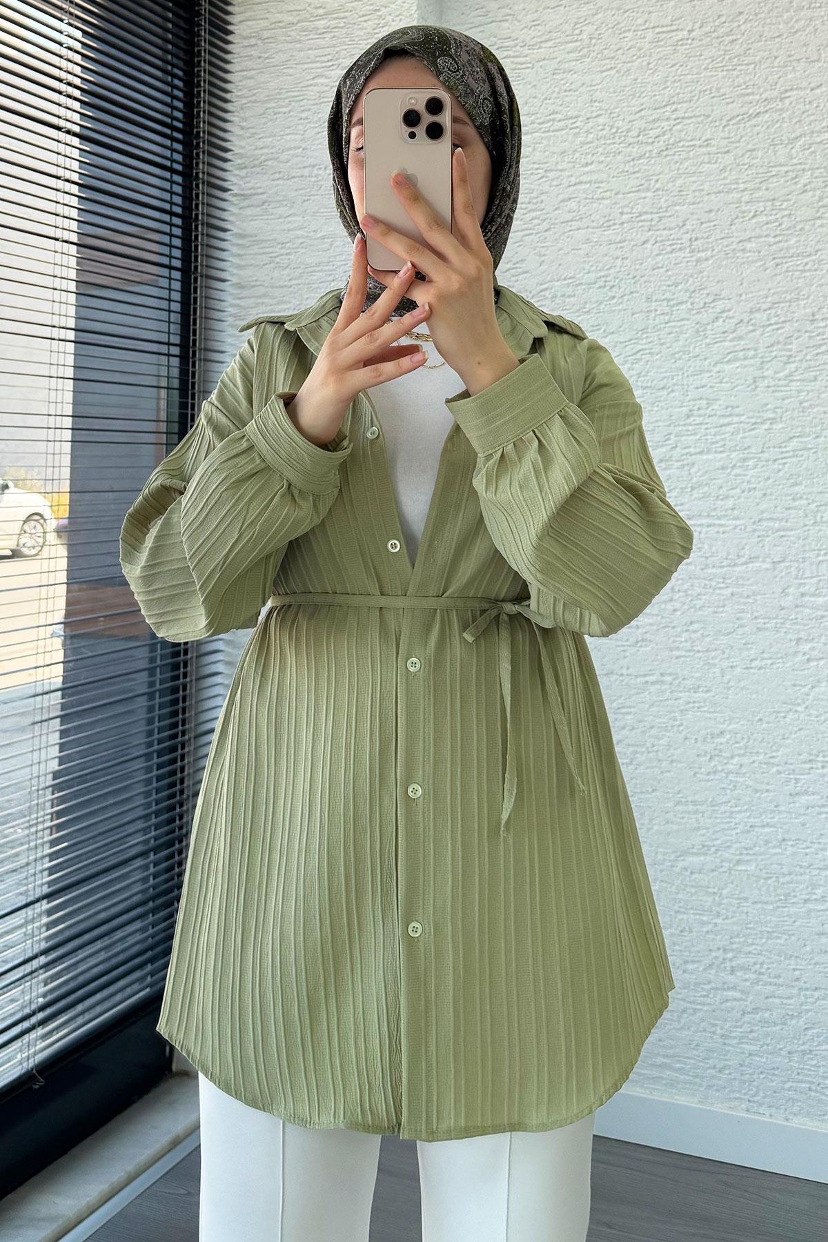 Kuşak Detaylı Oversize Yazlık Tunik - Küf Yeşili