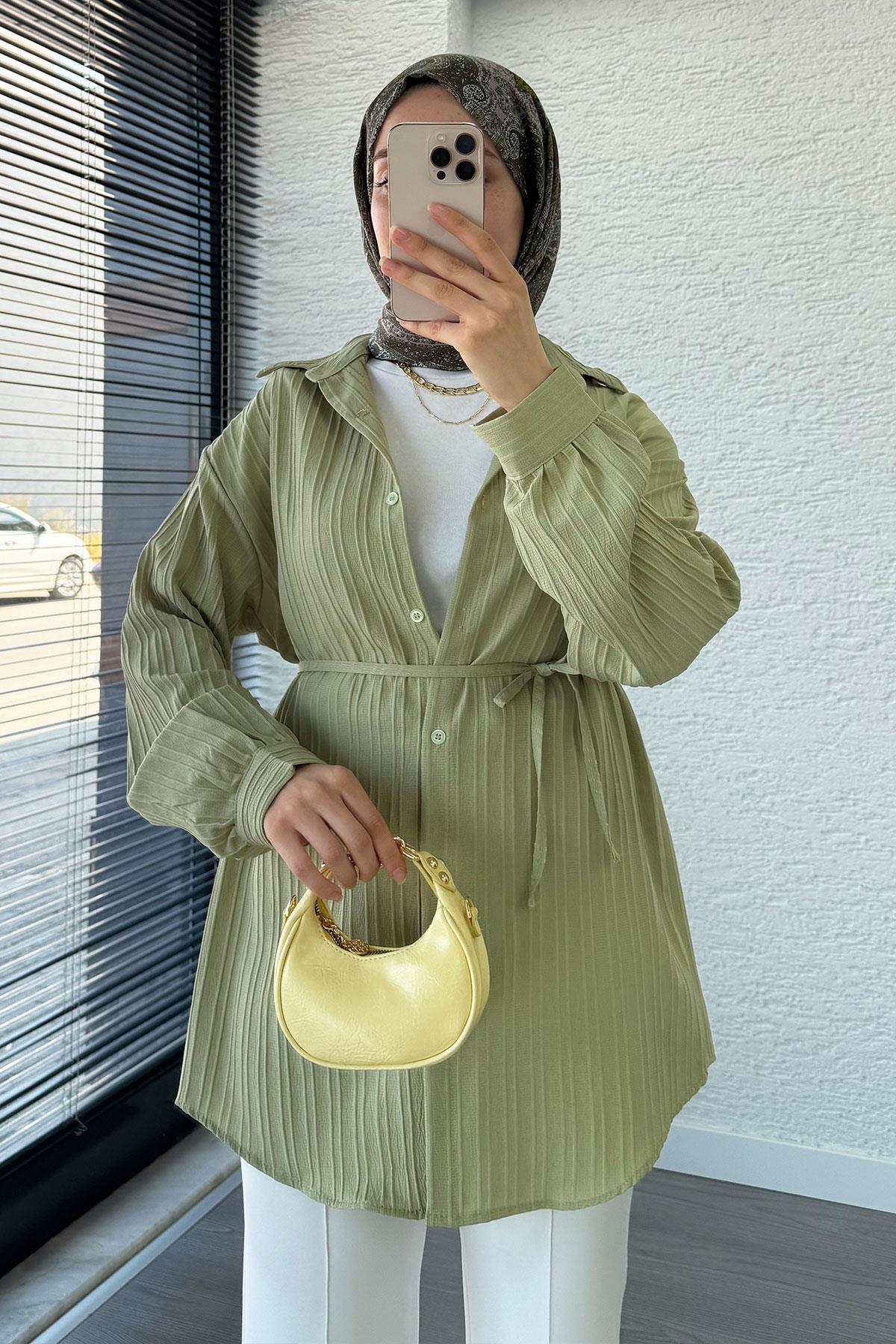 Kuşak Detaylı Oversize Yazlık Tunik - Küf Yeşili