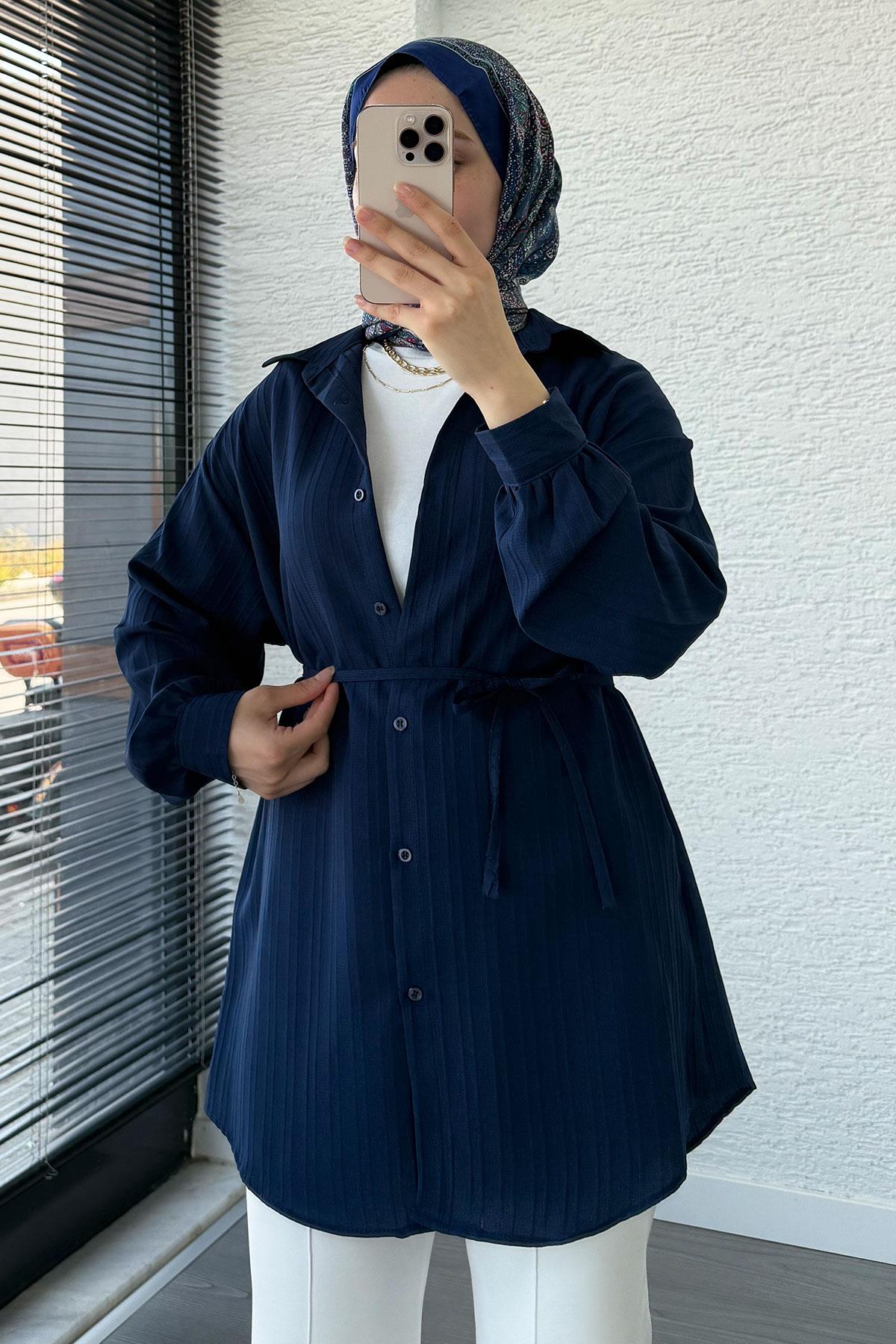 Kuşak Detaylı Oversize Yazlık Tunik - Lacivert