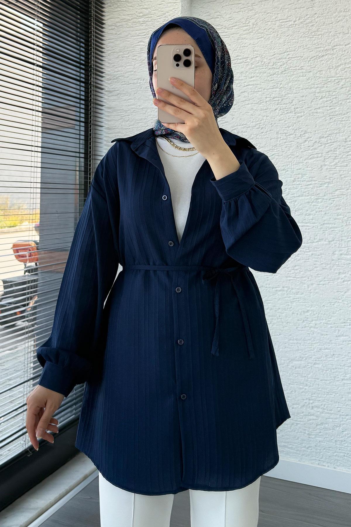 Kuşak Detaylı Oversize Yazlık Tunik - Lacivert
