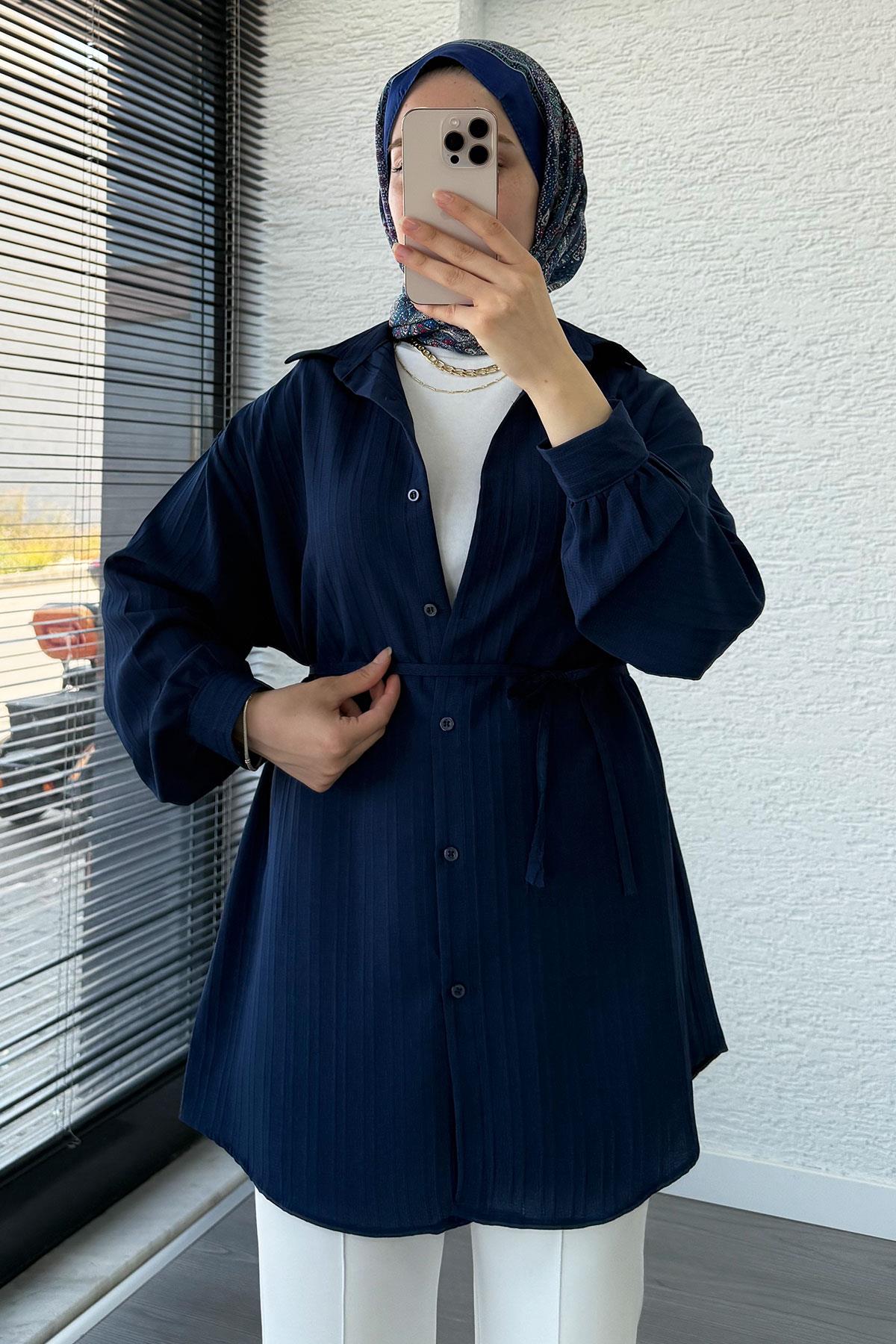 Kuşak Detaylı Oversize Yazlık Tunik - Lacivert