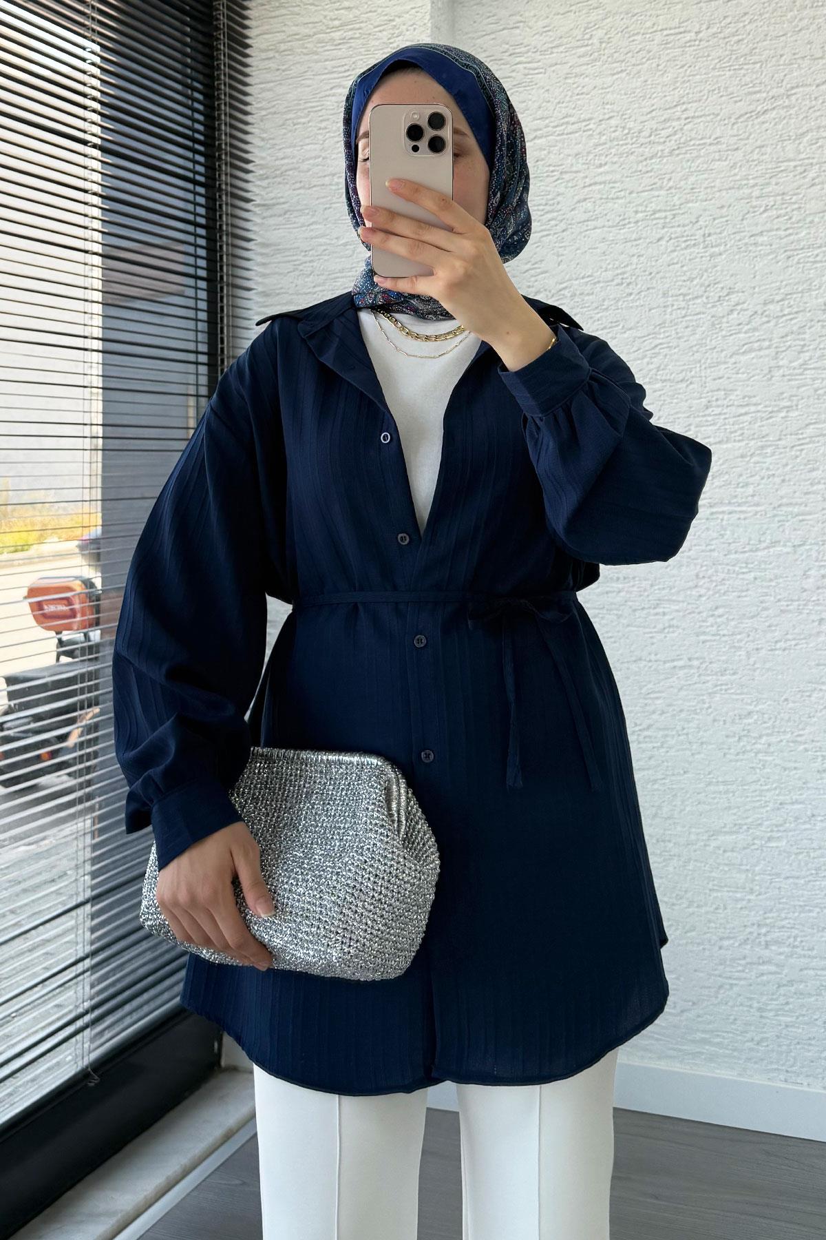 Kuşak Detaylı Oversize Yazlık Tunik - Lacivert