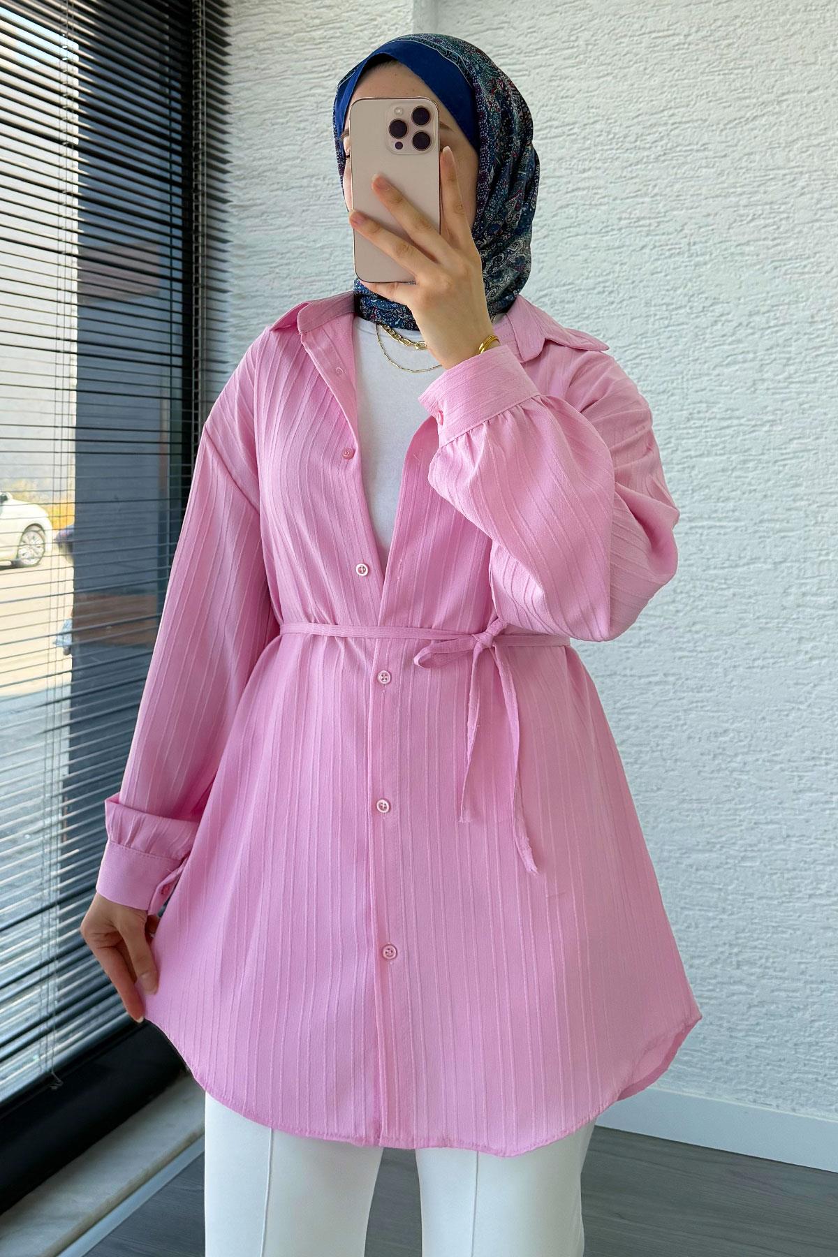 Kuşak Detaylı Oversize Yazlık Tunik - Pembe