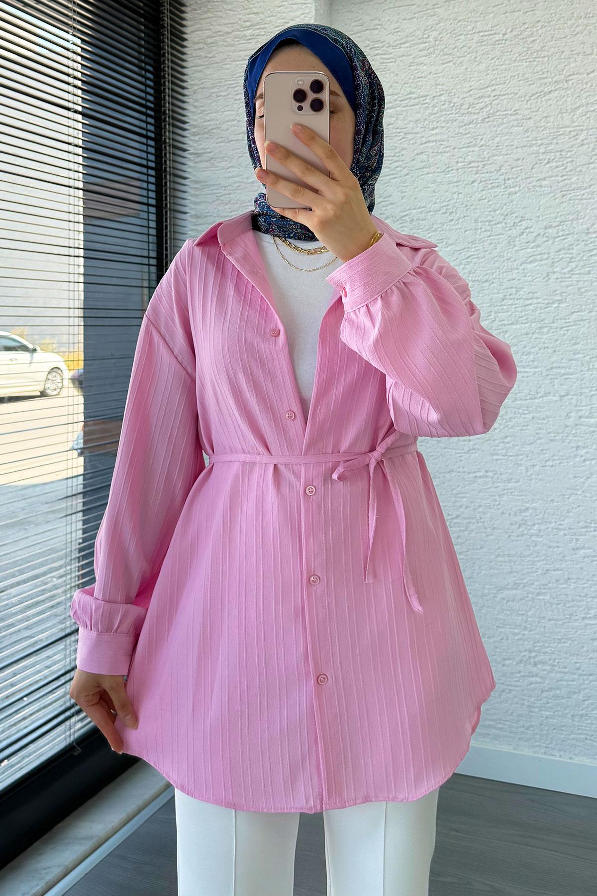 Kuşak Detaylı Oversize Yazlık Tunik - Pembe