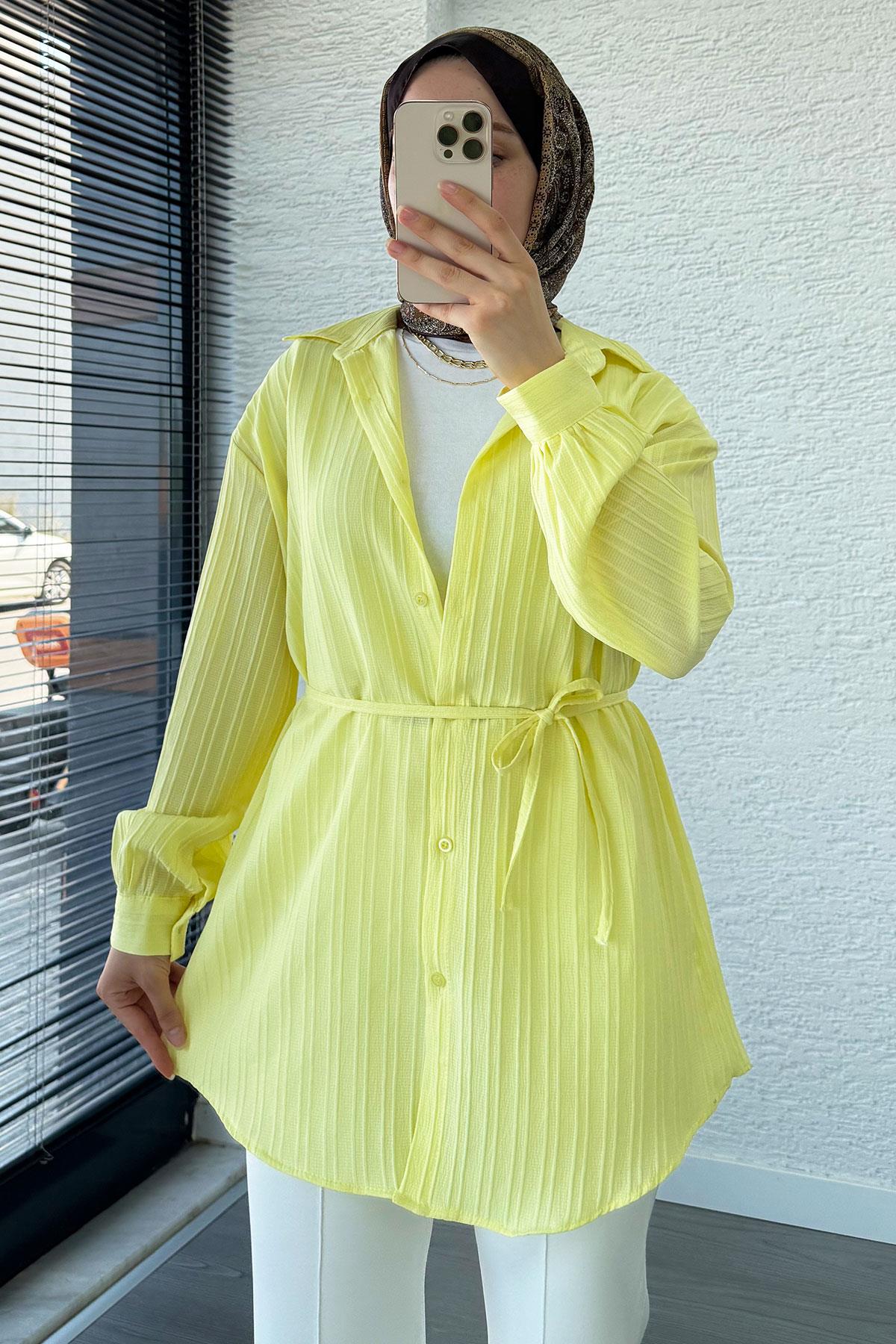 Kuşak Detaylı Oversize Yazlık Tunik - Sarı