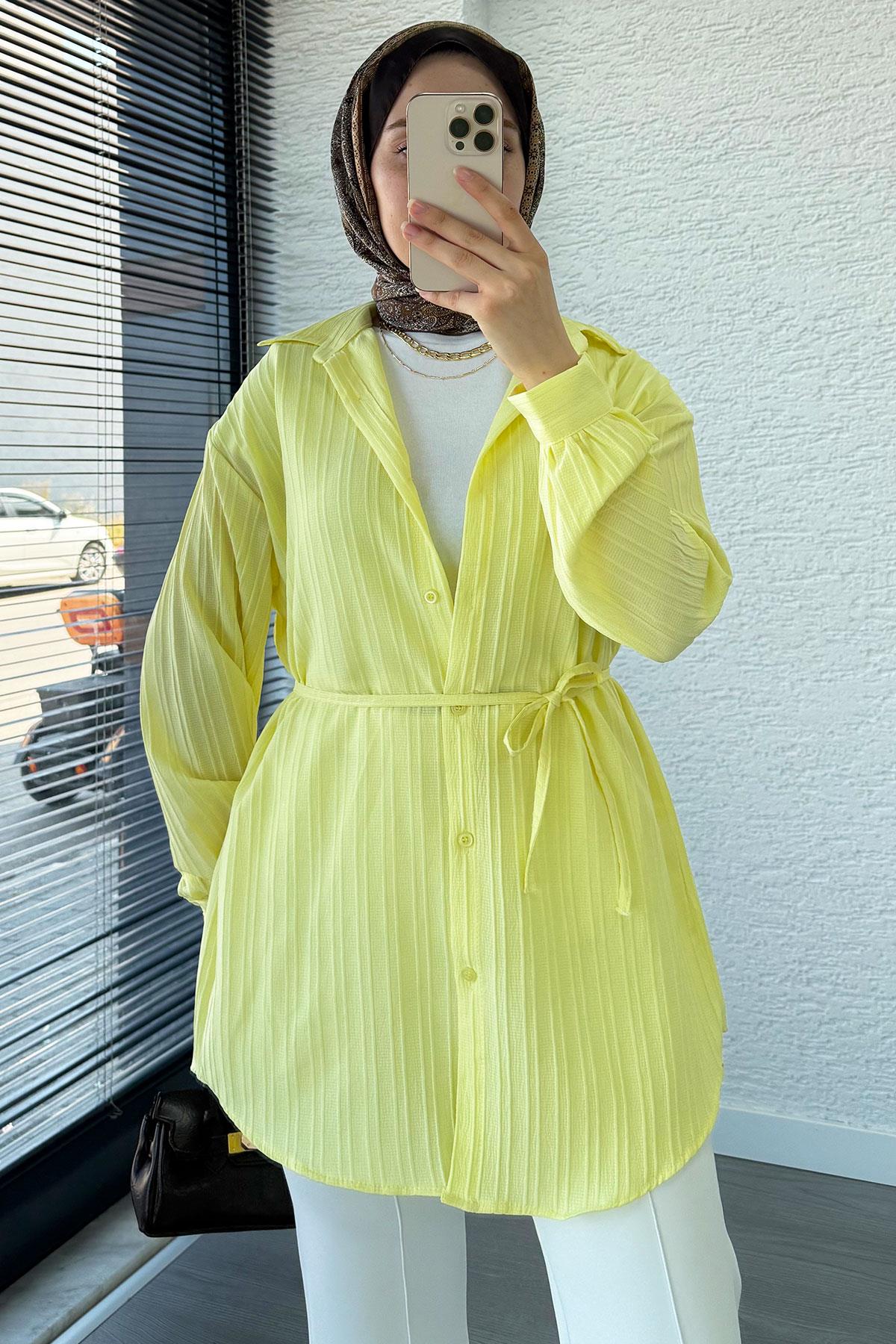 Kuşak Detaylı Oversize Yazlık Tunik - Sarı