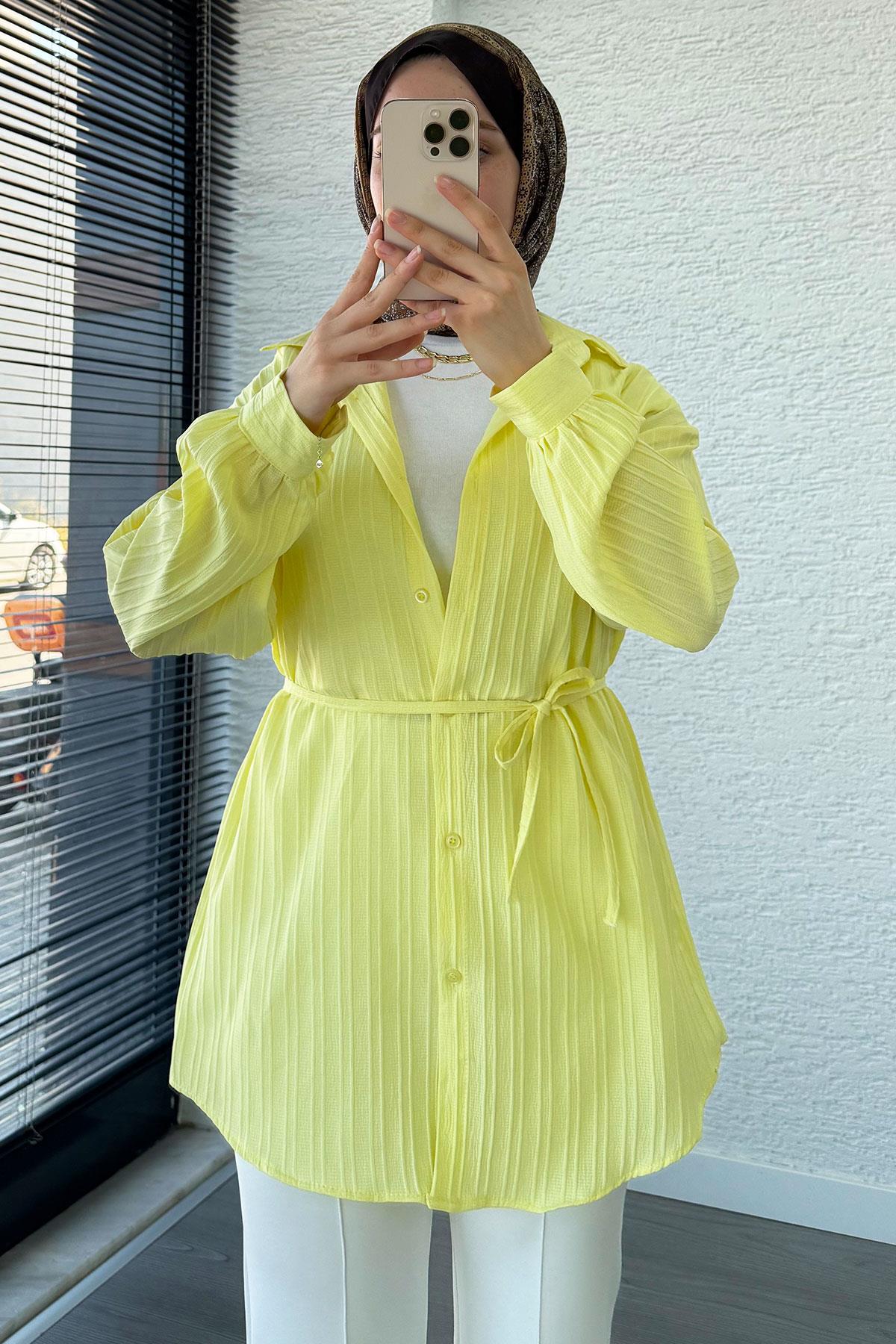 Kuşak Detaylı Oversize Yazlık Tunik - Sarı