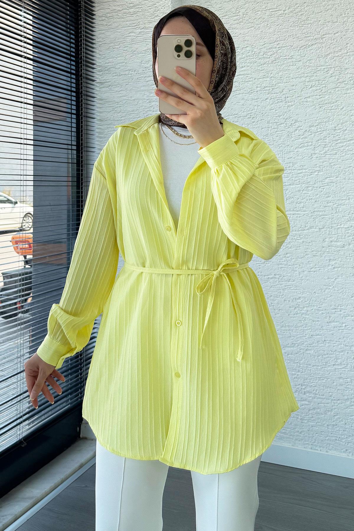 Kuşak Detaylı Oversize Yazlık Tunik - Sarı
