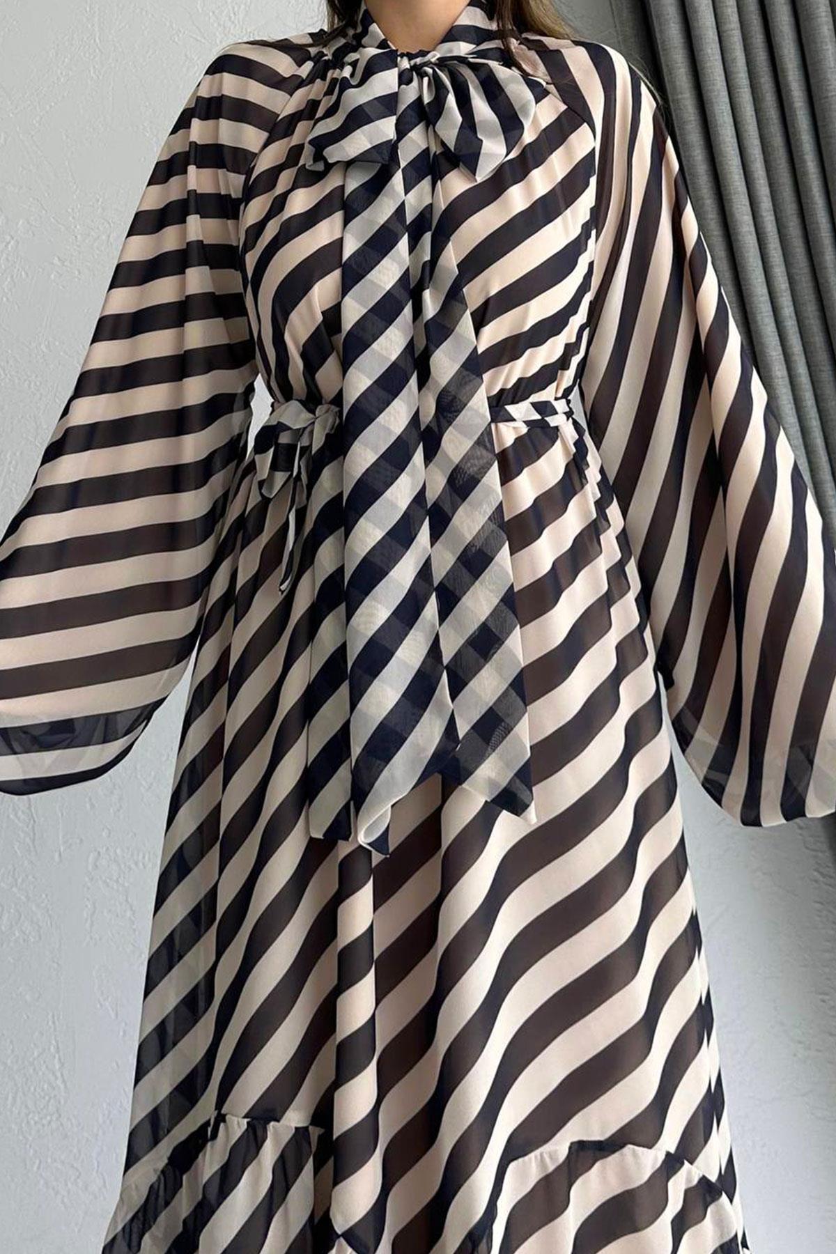 Lacivert Ahu Çizgili Şifon Elbise 