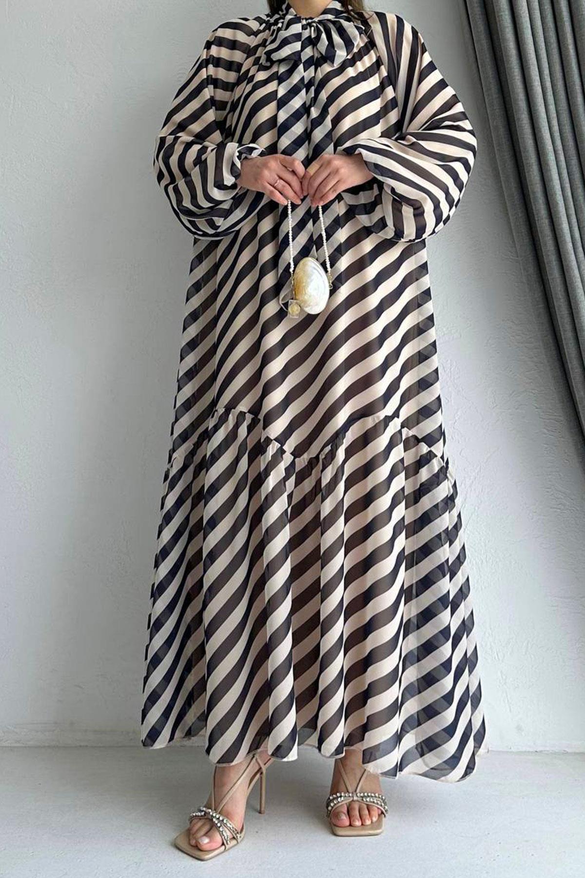 Lacivert Ahu Çizgili Şifon Elbise 