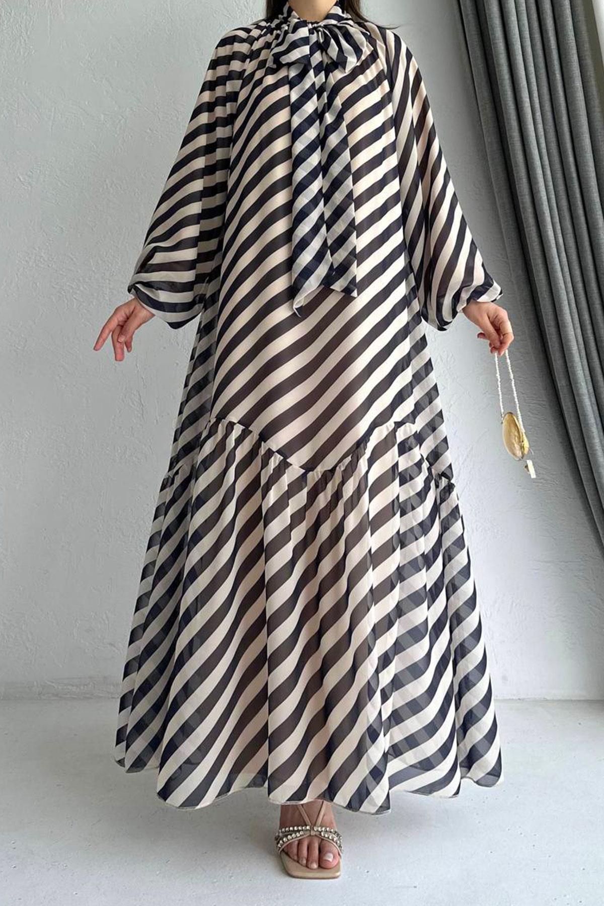 Lacivert Ahu Çizgili Şifon Elbise 