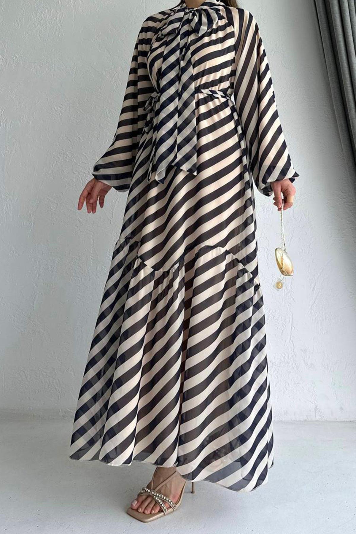 Lacivert Ahu Çizgili Şifon Elbise 