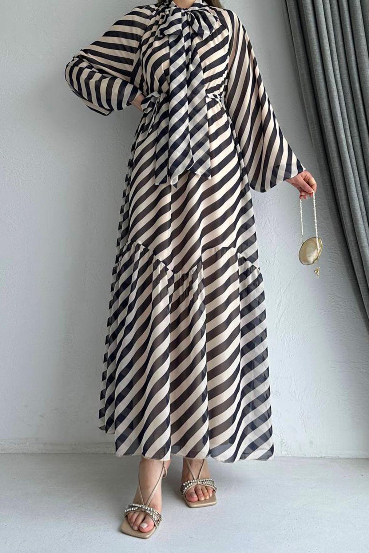 Lacivert Ahu Çizgili Şifon Elbise 