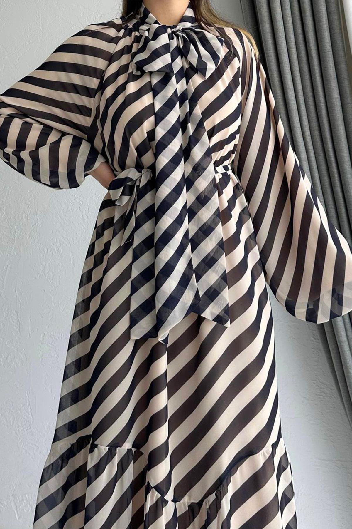 Lacivert Ahu Çizgili Şifon Elbise 