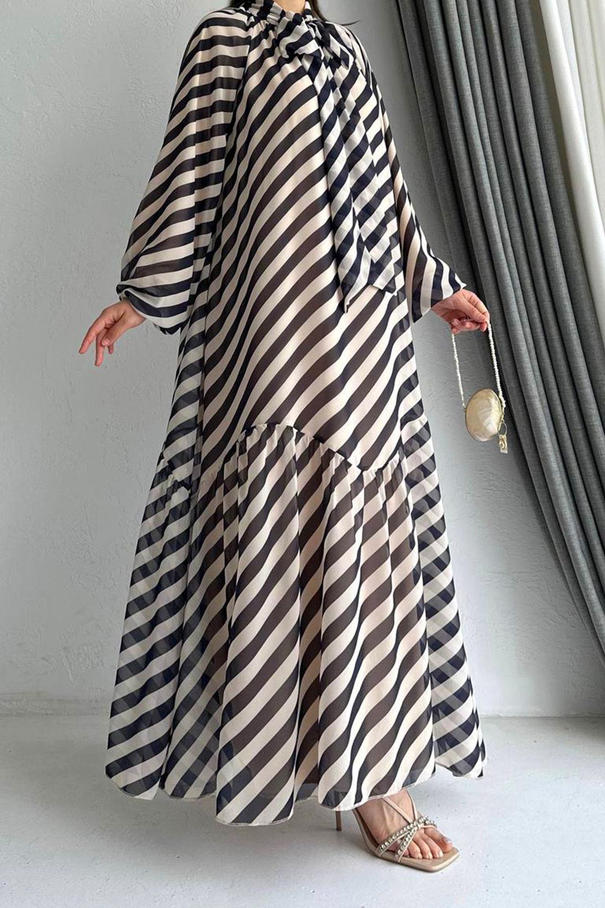 Lacivert Ahu Çizgili Şifon Elbise 