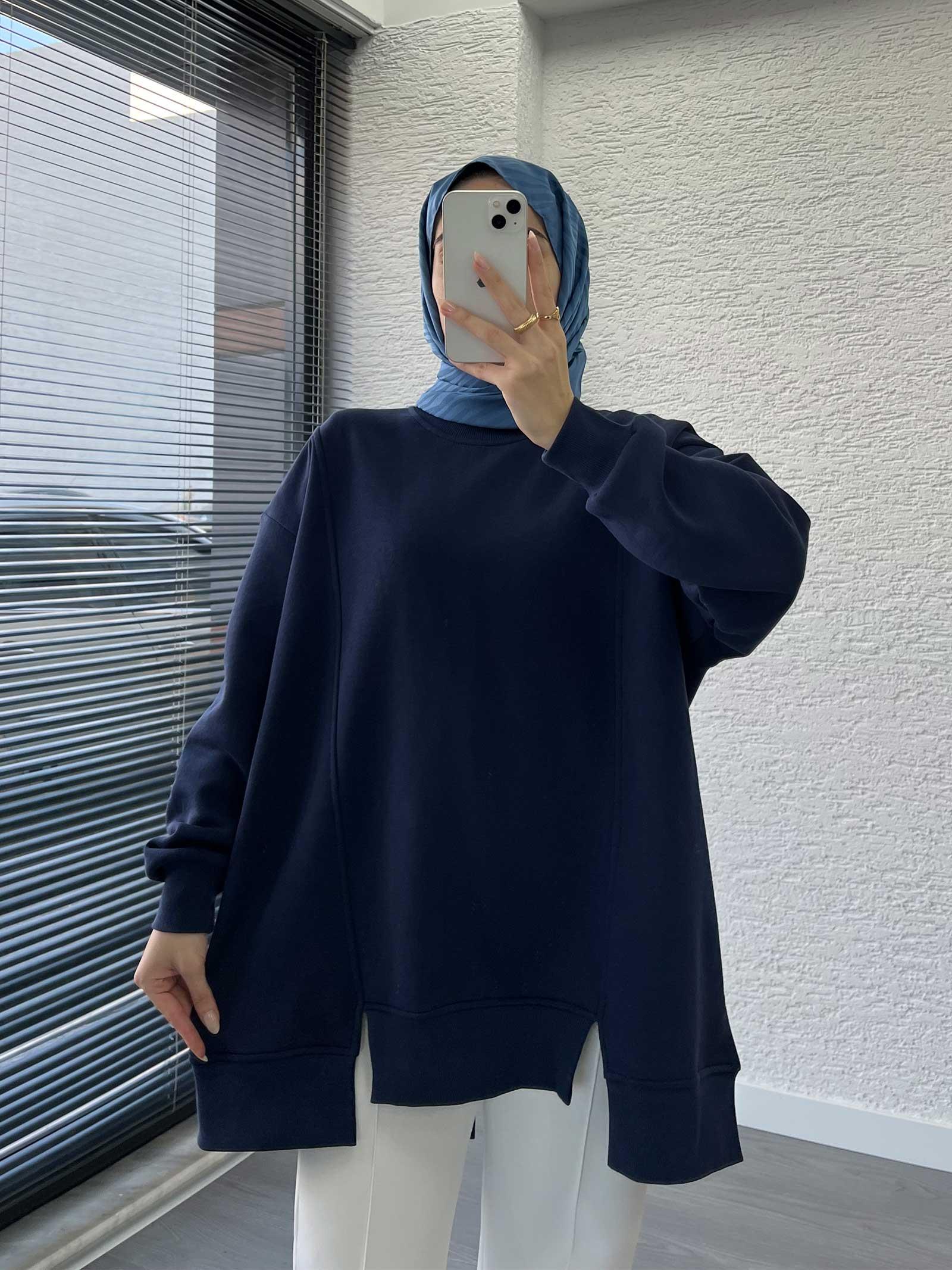 Lacivert Arka Fermuar Detaylı Oversize Sweat