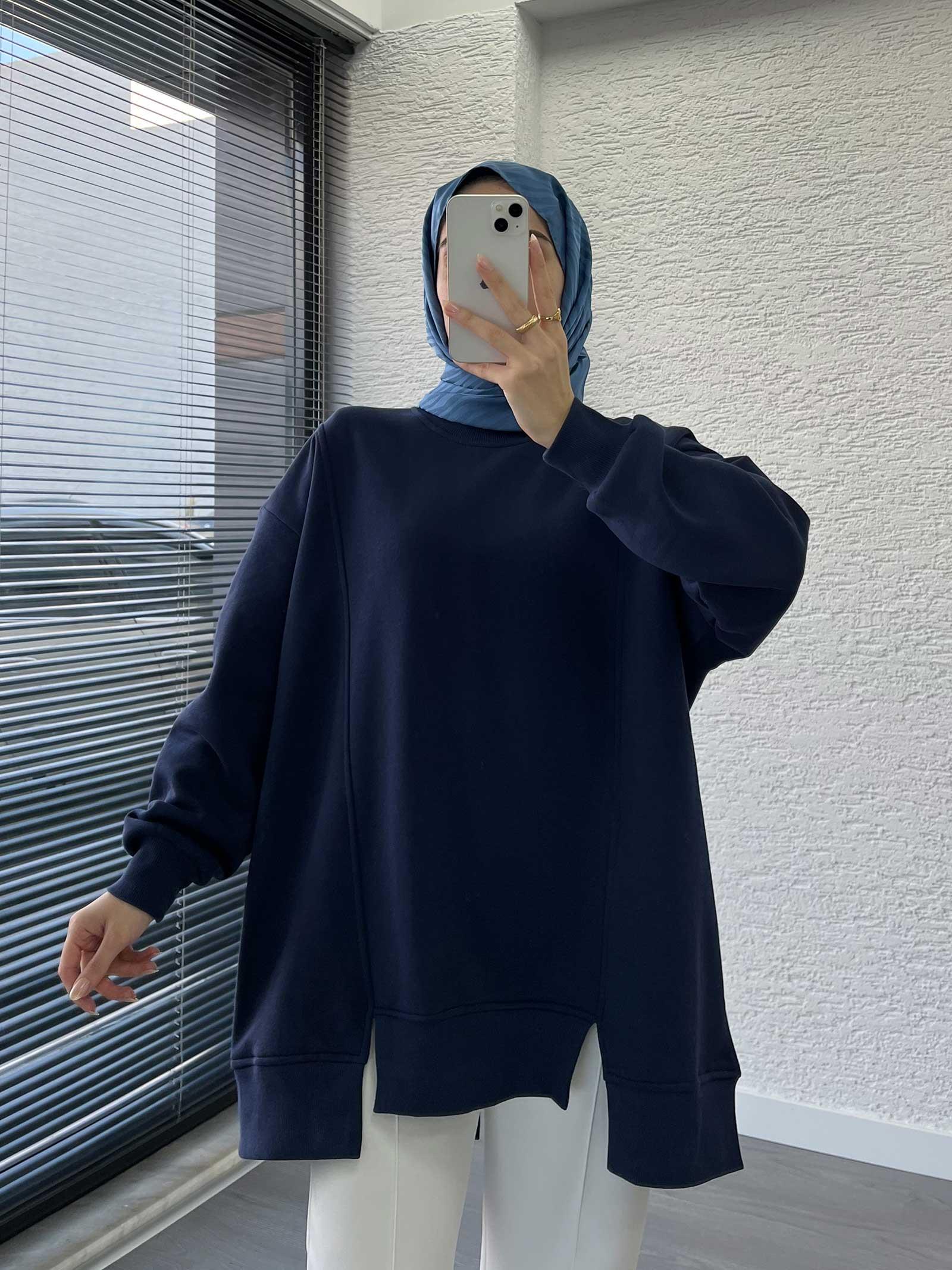 Lacivert Arka Fermuar Detaylı Oversize Sweat