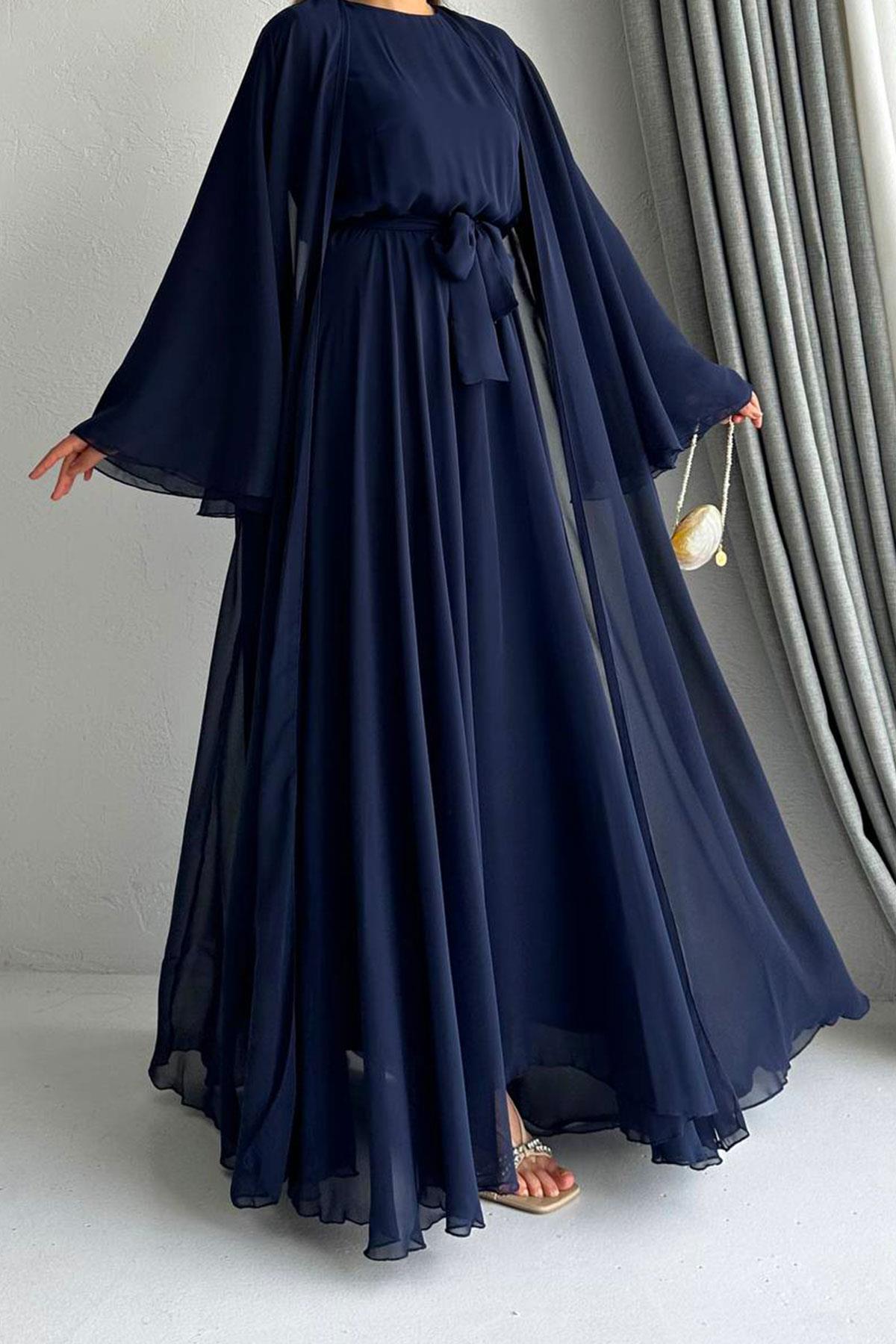 Lacivert Bella Şifon Abaya Takım 