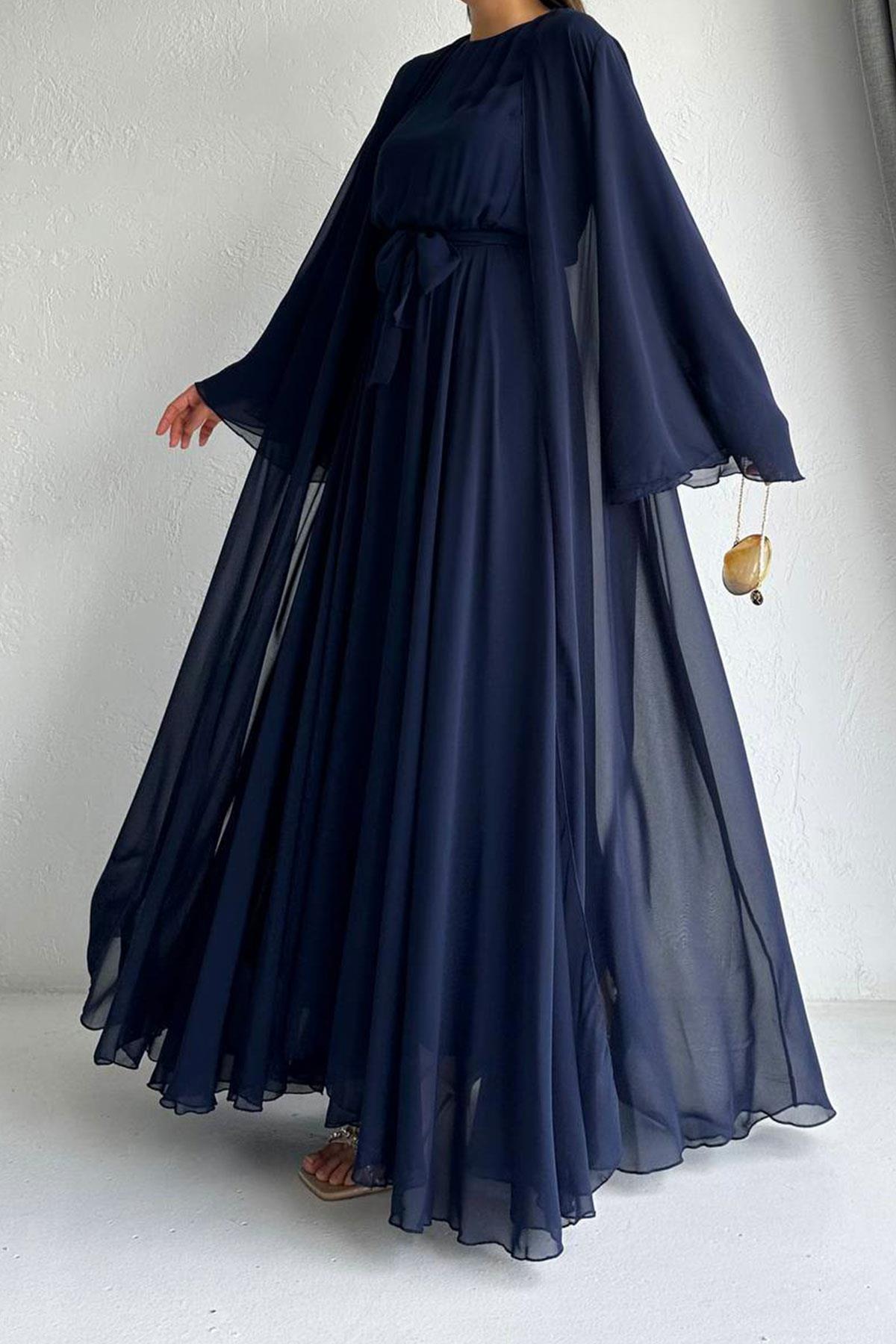 Lacivert Bella Şifon Abaya Takım 