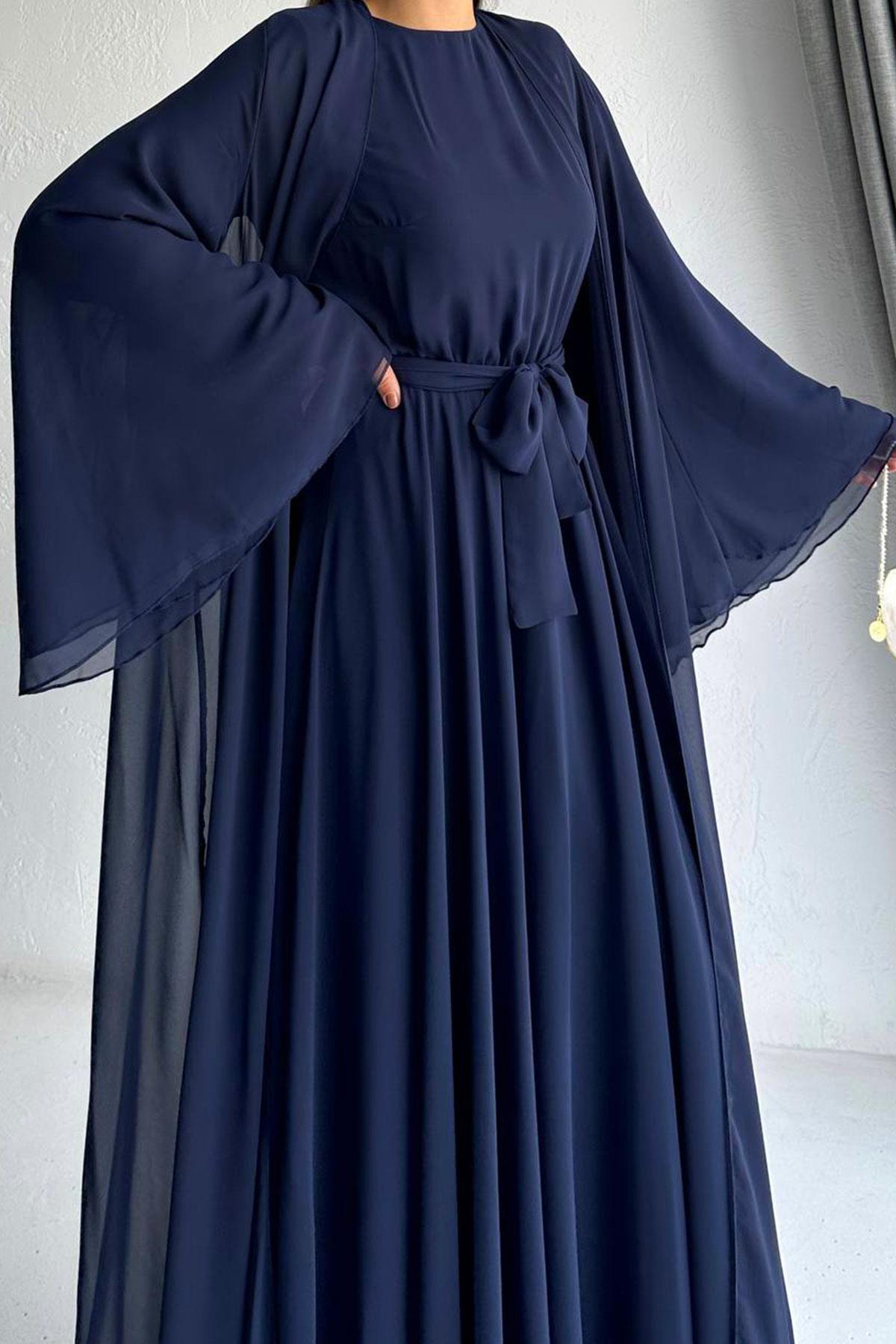 Lacivert Bella Şifon Abaya Takım 