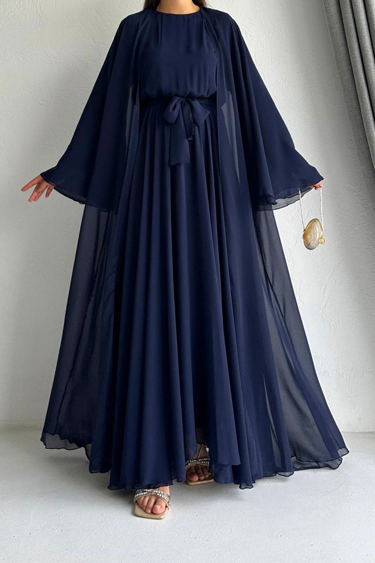 Lacivert Bella Şifon Abaya Takım 