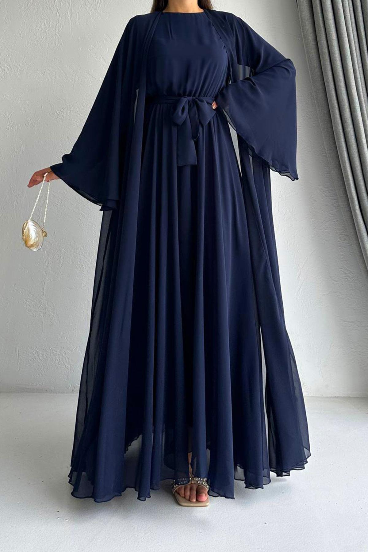 Lacivert Bella Şifon Abaya Takım 