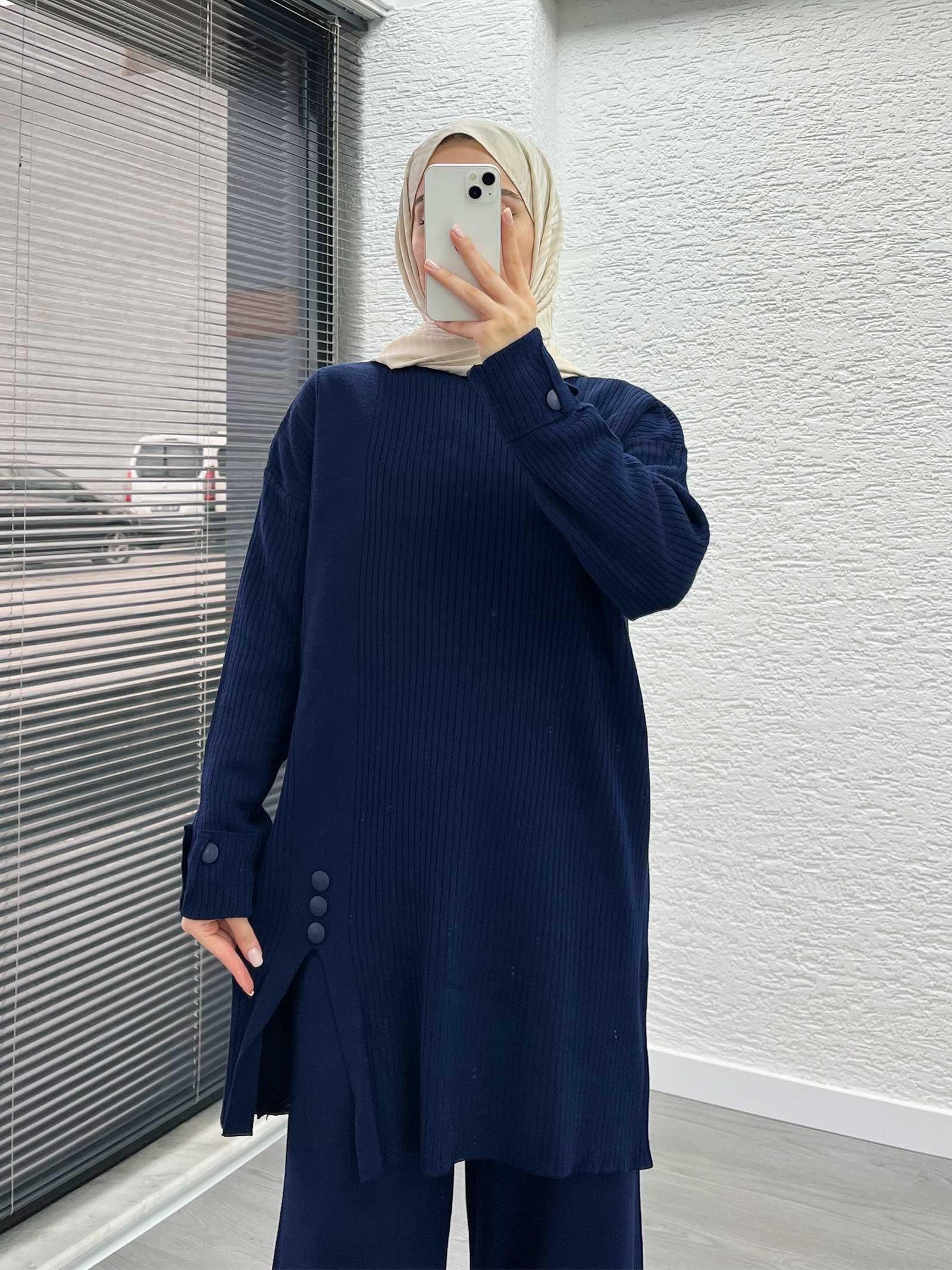 Lacivert Düğme Detaylı Oversize Triko Takım