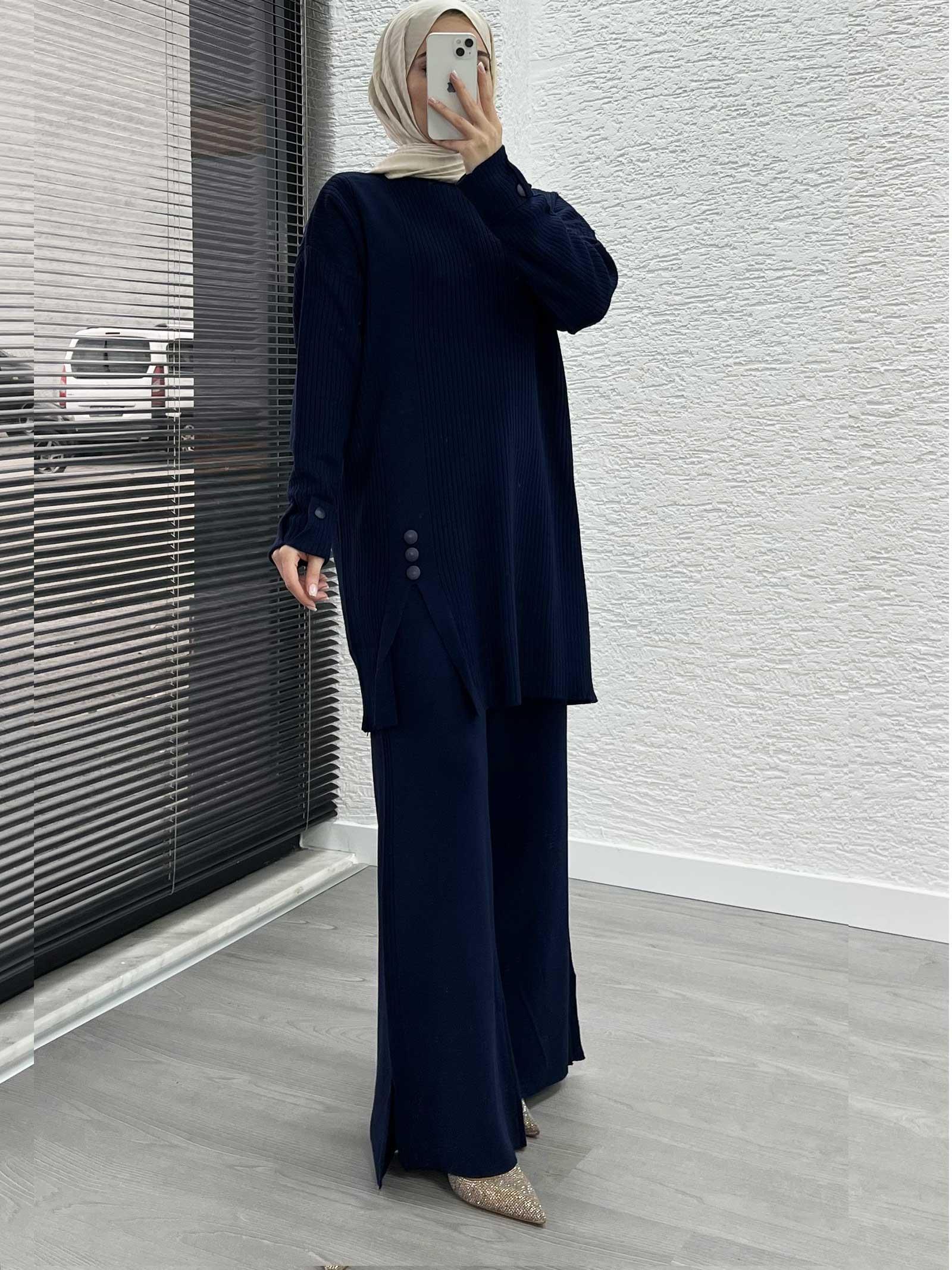 Lacivert Düğme Detaylı Oversize Triko Takım