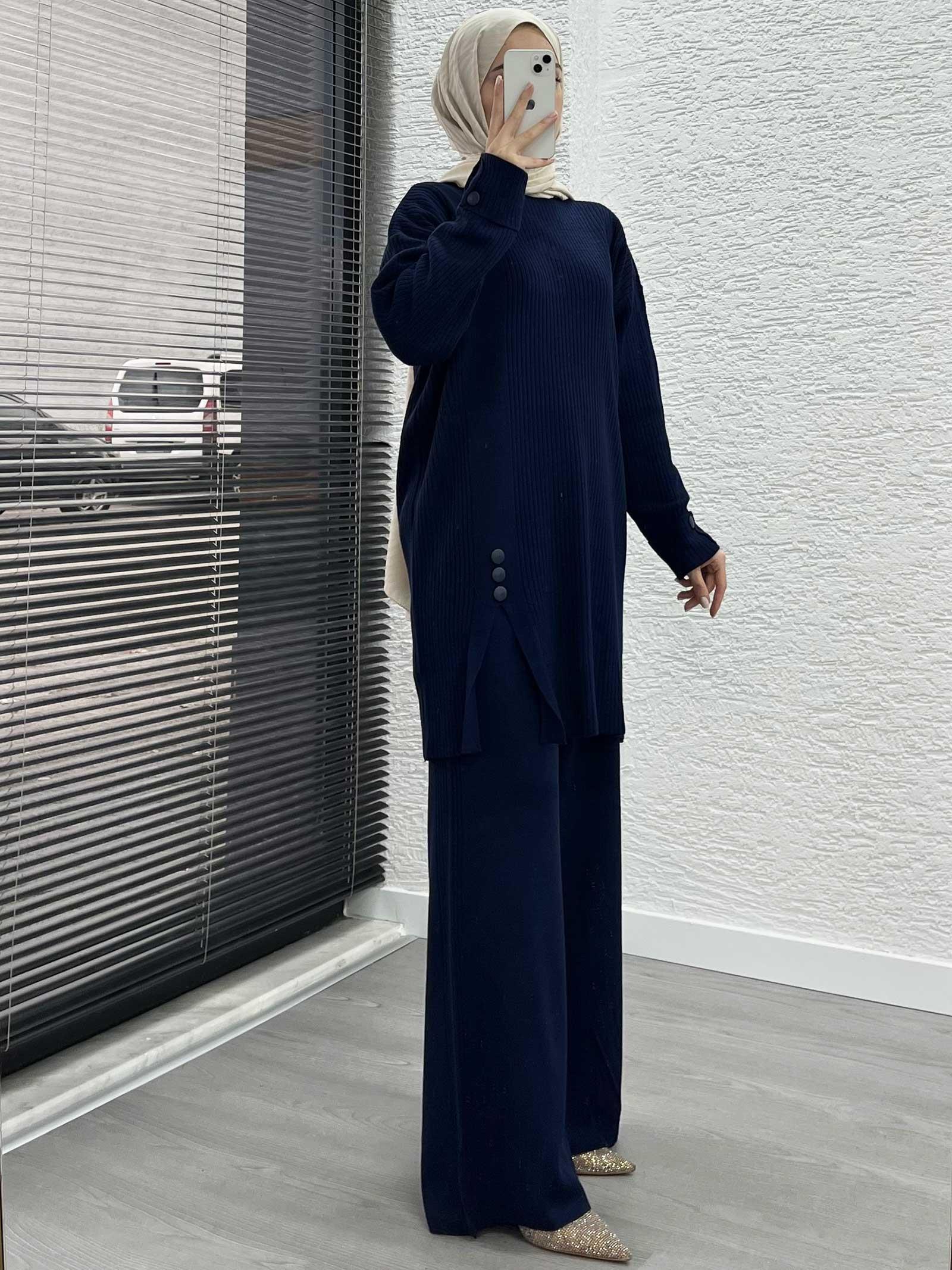 Lacivert Düğme Detaylı Oversize Triko Takım