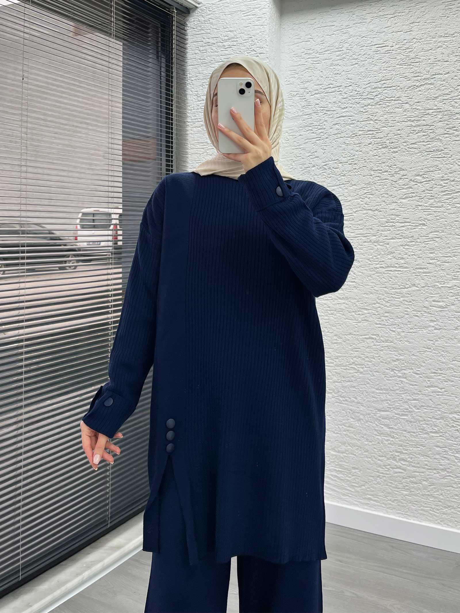 Lacivert Düğme Detaylı Oversize Triko Takım