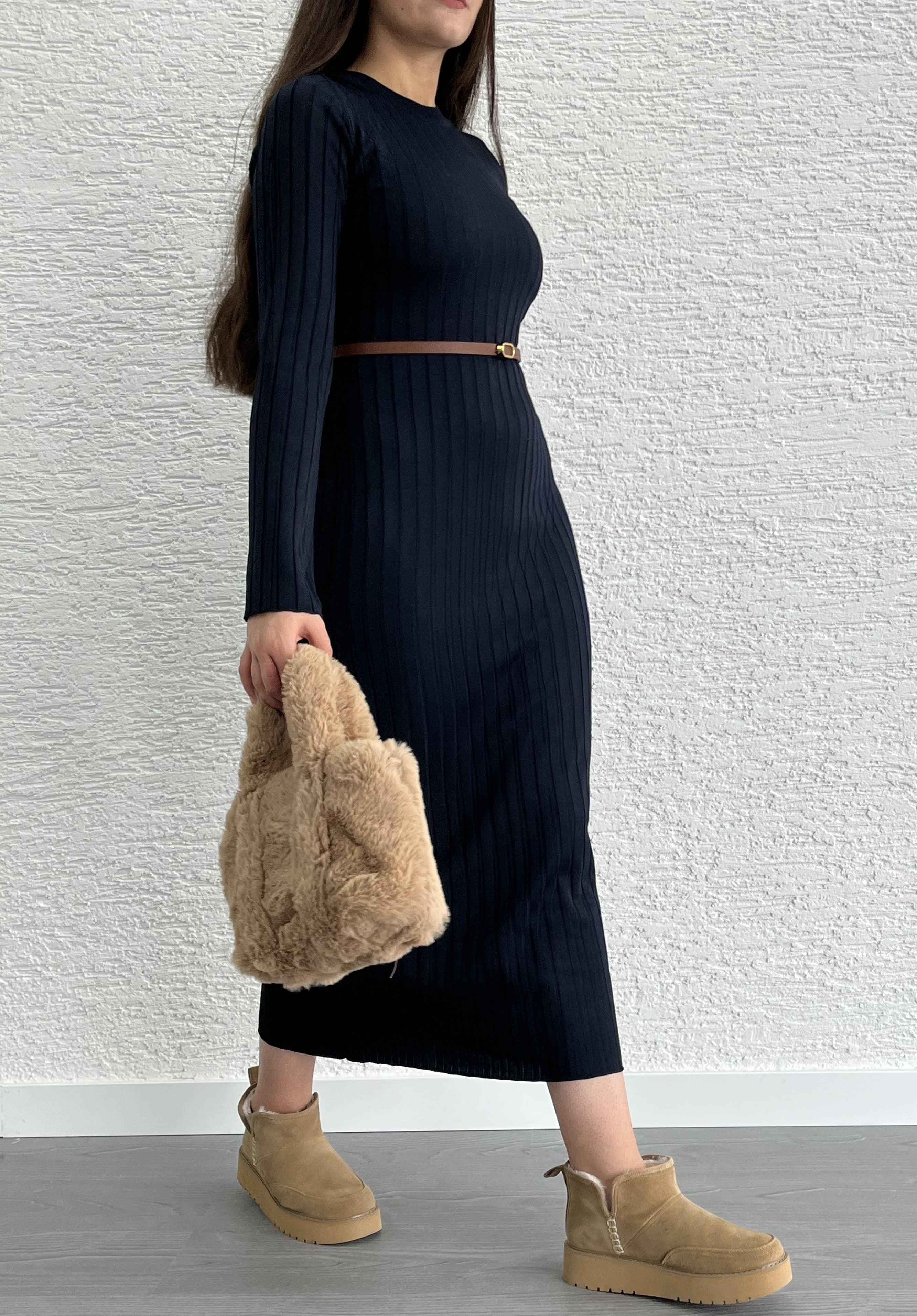 Lacivert Fitilli Triko Elbise