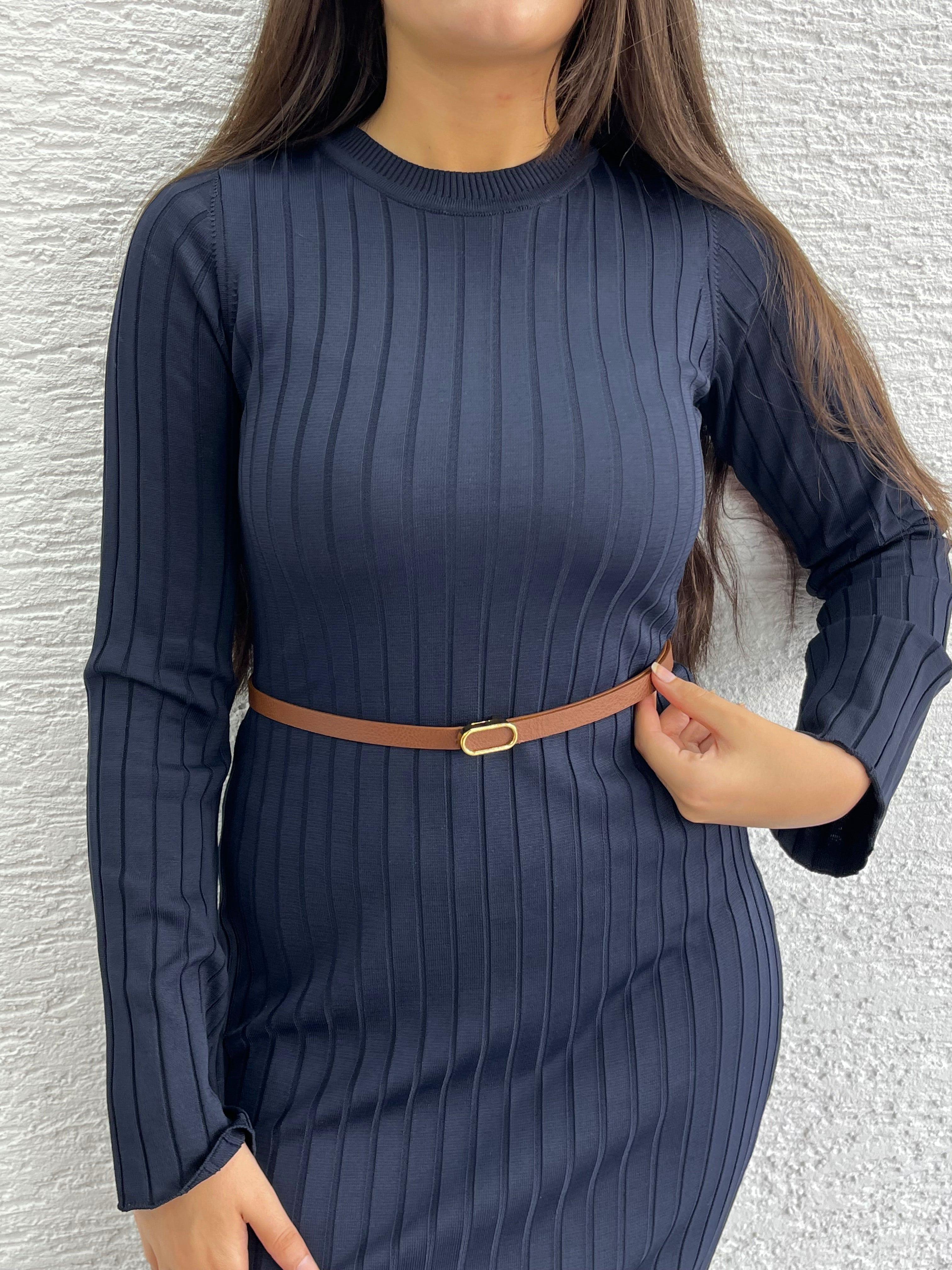 Lacivert Fitilli Triko Elbise