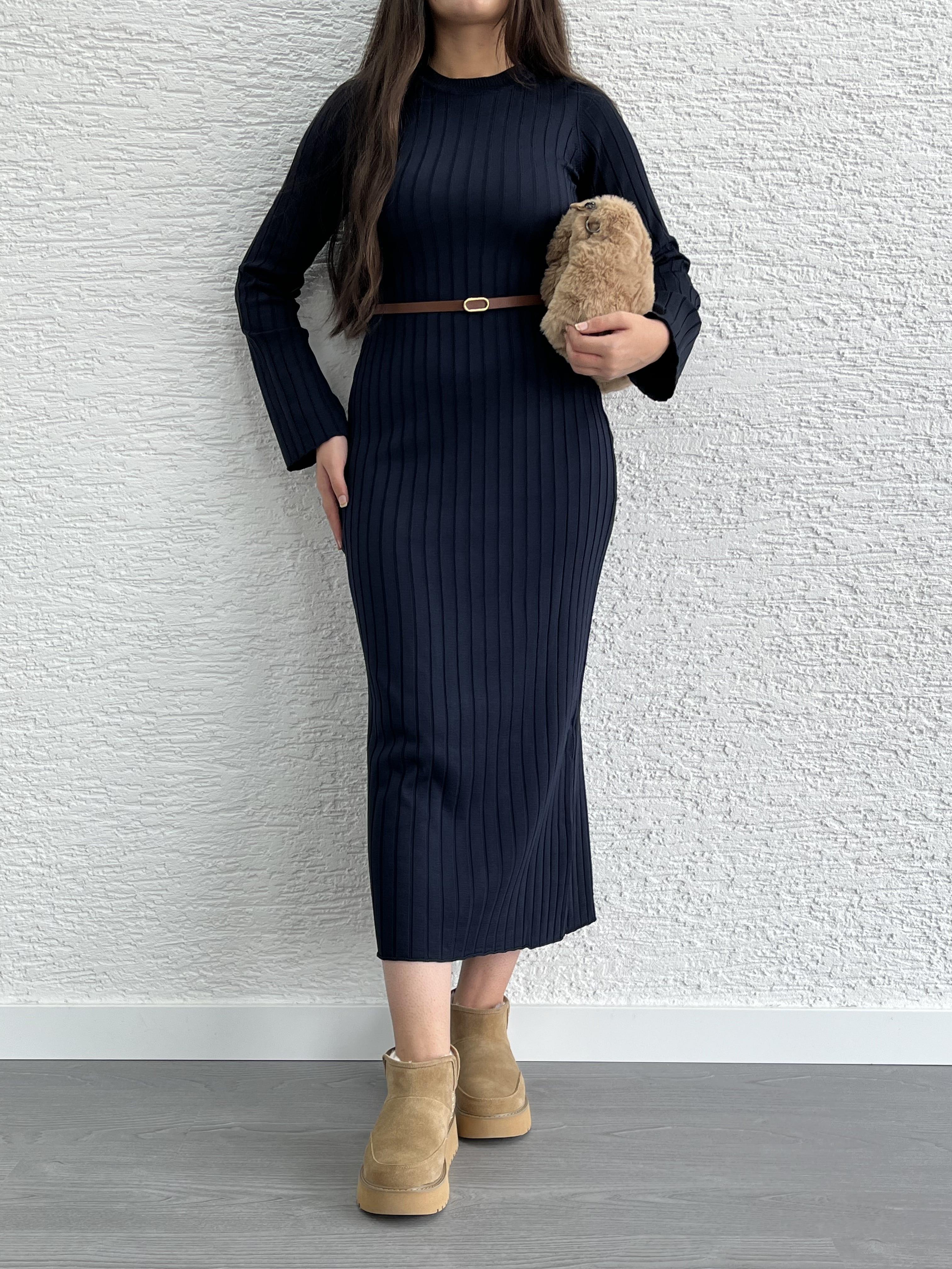 Lacivert Fitilli Triko Elbise